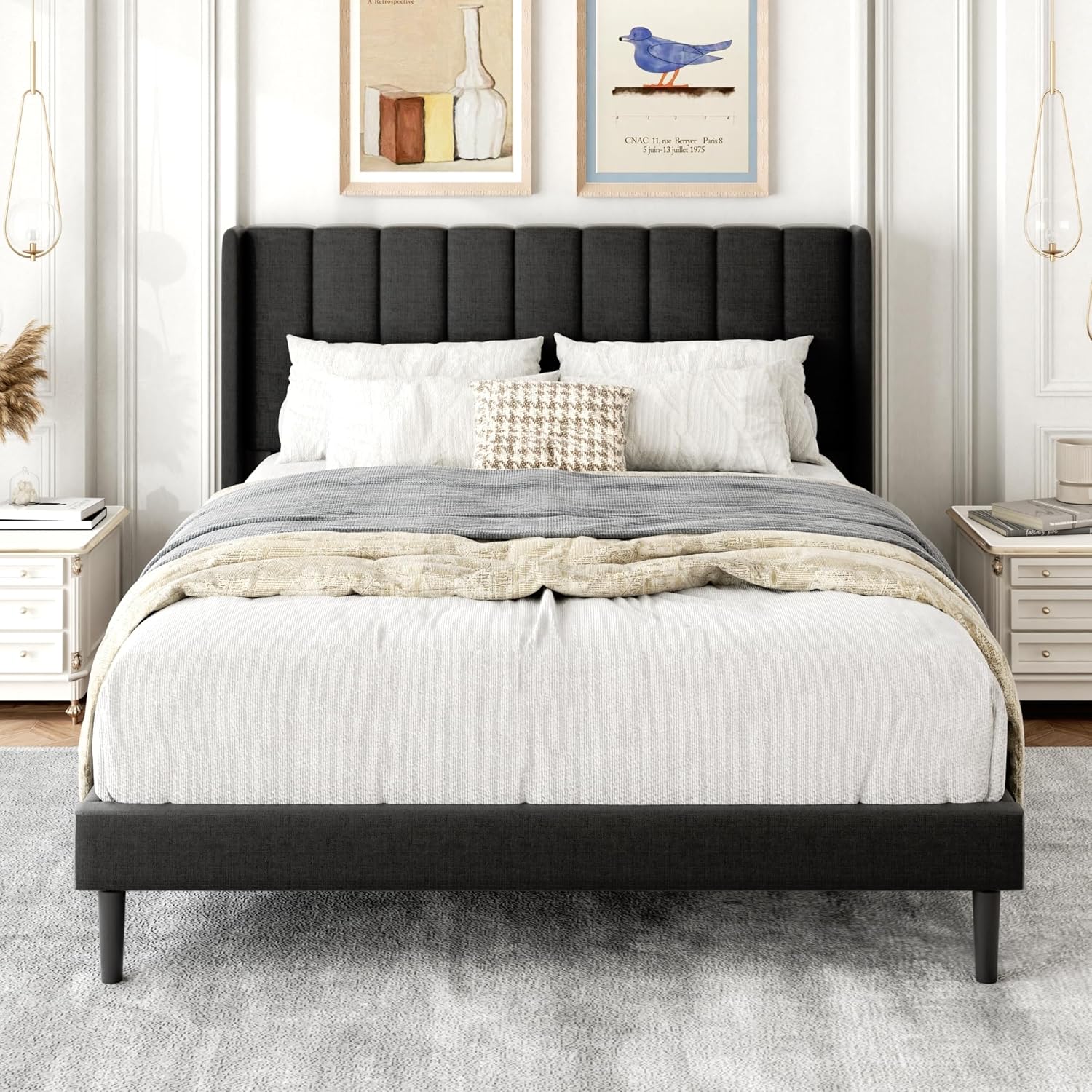 Gruwans Full Size Bed Frame with Upholstered Wingback Headboard, Easy Assemnly Platform Bed, Wooden Slat Support No Box Spring Needed, Dark Gray