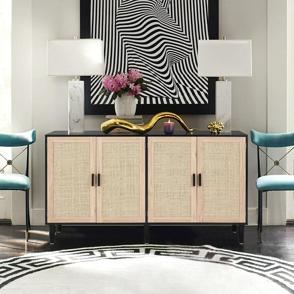 Finnhomy 4 Door Sideboard Buffet Cabinet, Kitchen Storage Cabinet with Rattan Decorated Doors, Cupboard Console Table, Boho Accent Liquor Cabinet, Bar Cabient, 62.3X 15.7X 34.6 Inches, Black