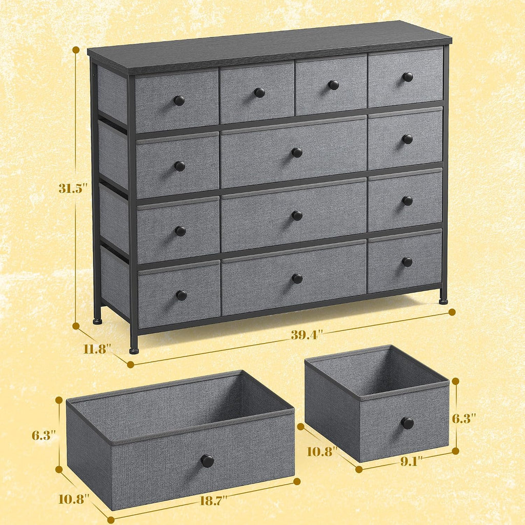 EnHomee Dresser for Bedroom with 13 Fabric Drawers TV Stand for 45 Inch TV Chests of Drawers for Living Room, Wood Top and Sturdy Frame, Grey