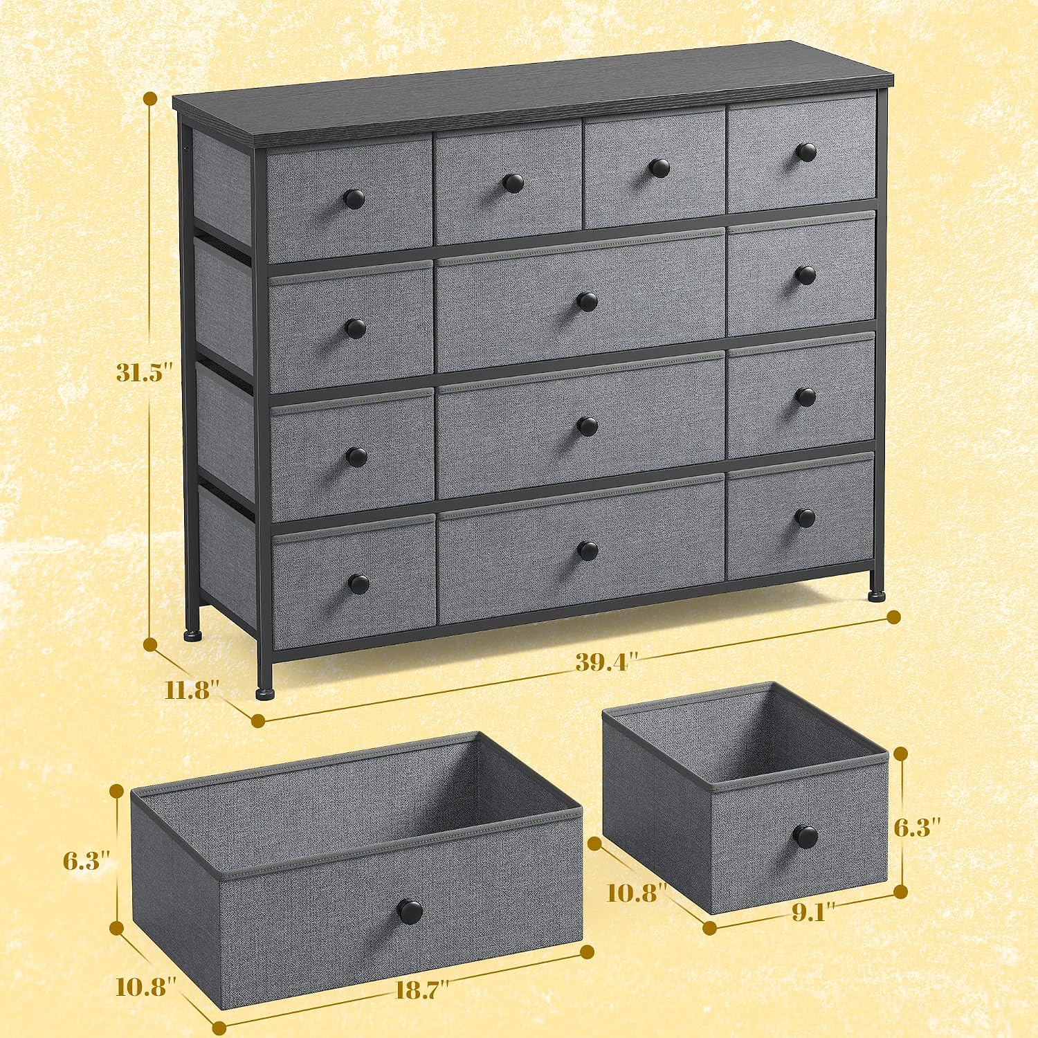 EnHomee Dresser for Bedroom with 13 Fabric Drawers TV Stand for 45 Inch TV Chests of Drawers for Living Room, Wood Top and Sturdy Frame, Grey