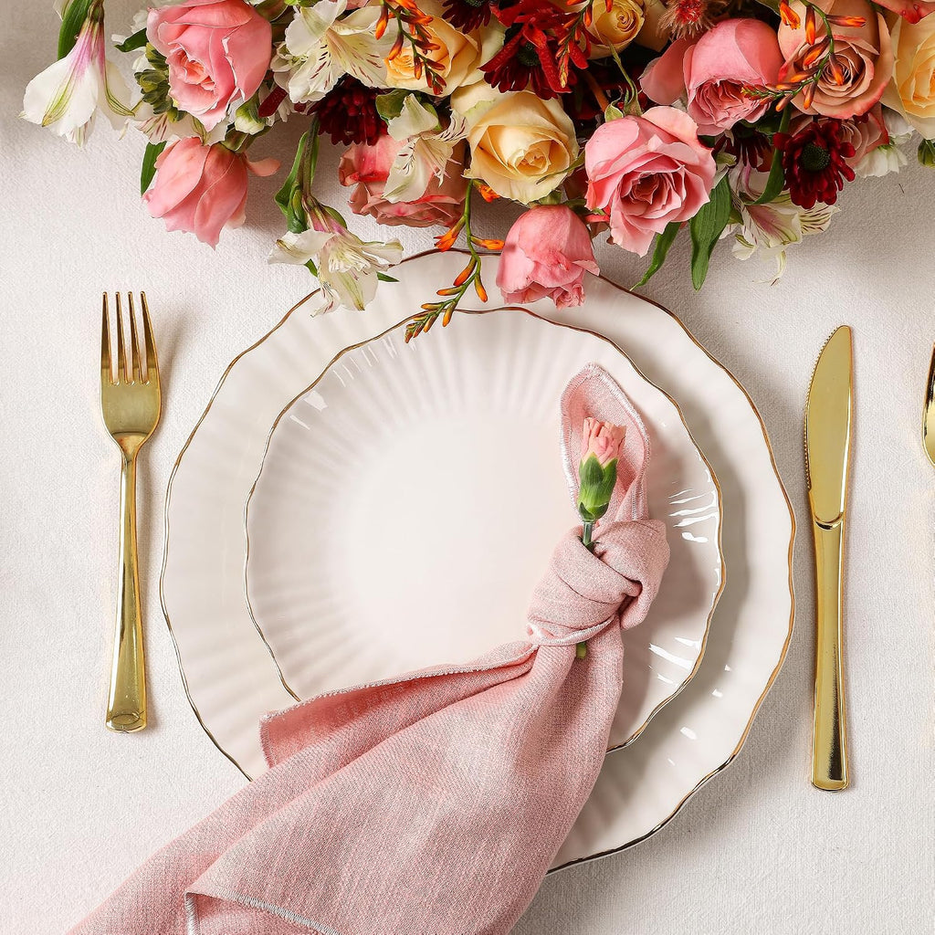 Christian Siriano Zinnia Porcelain Dinnerware Set, 12-Piece Plates and Bowls Set, White and Gold Dish Set for 4, Scalloped Edge, Hand Wash Only