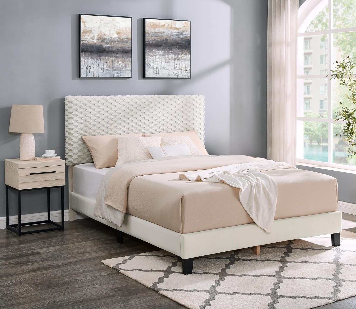 2-Piece Bedroom Set, Plush 3D Upholstered Bed with Nightstand, Full