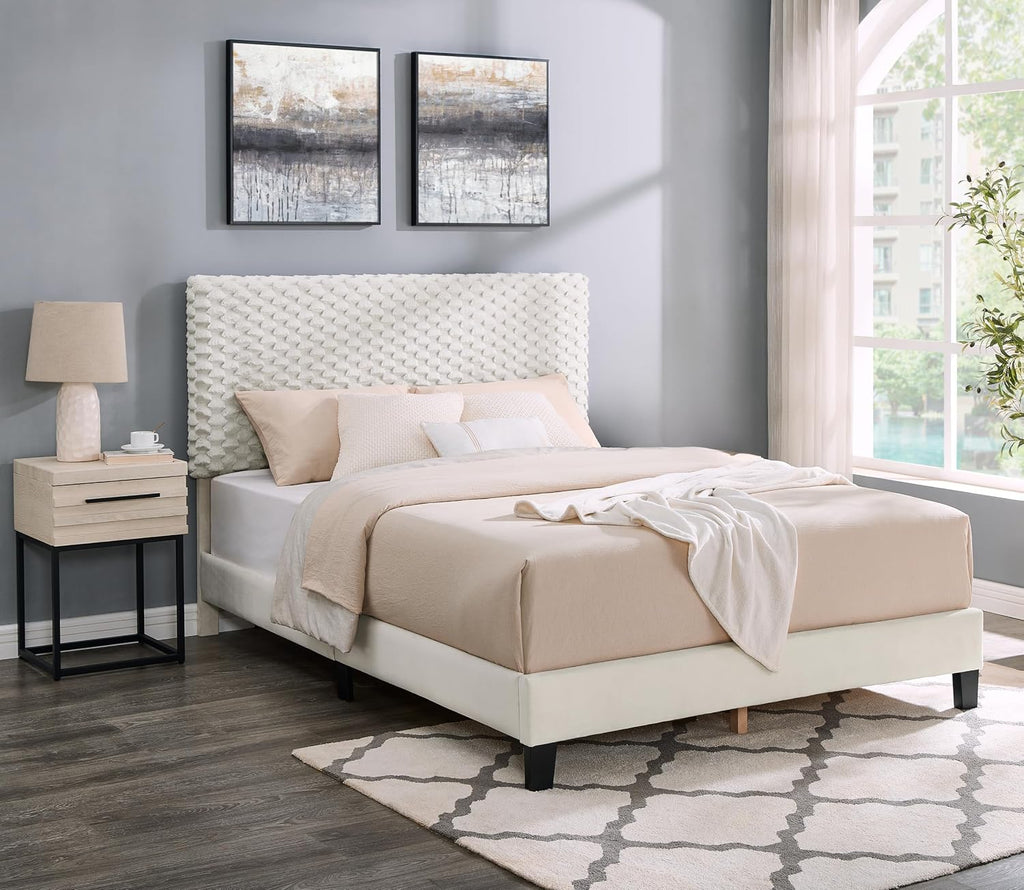 2-Piece Bedroom Set, Plush 3D Upholstered Bed with Nightstand, Full