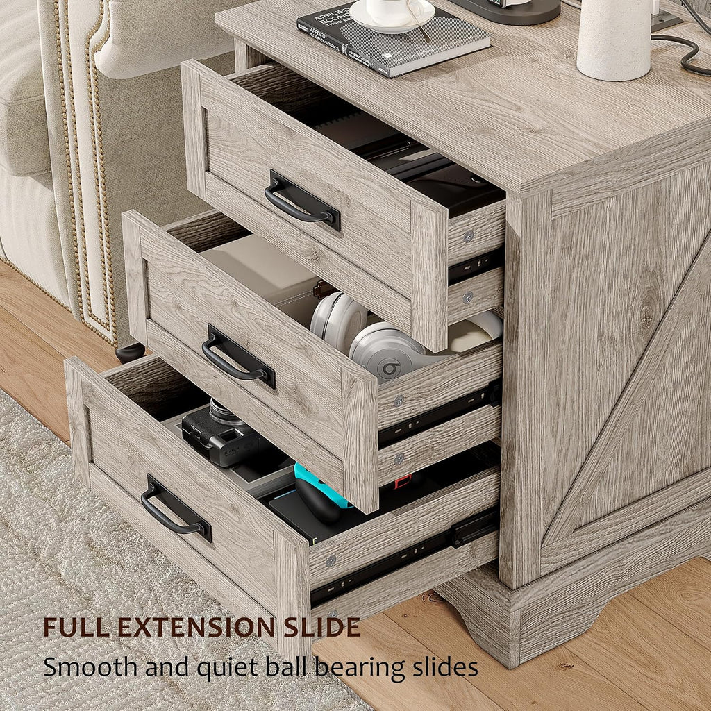 Whalefall Farmhouse Night Stand Set of 2, Large 3 Drawers Bedside Table with Charging Station, 22 inch Wide End Table for Bedroom, 2pcs Light Wash Gray