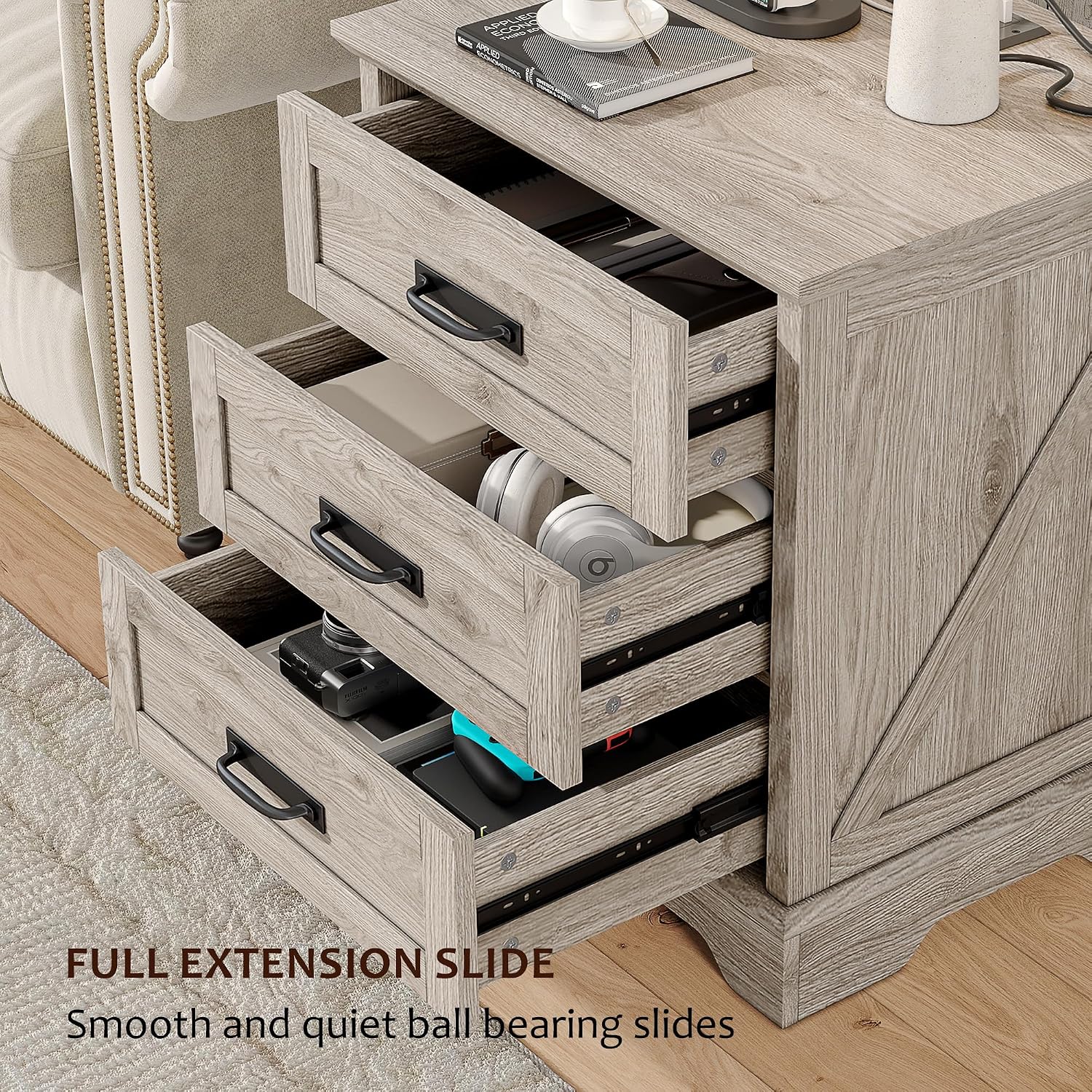 Whalefall Farmhouse Nightstand with Charging Station, 3 Drawers Bedside Table, 22 inch Wide End Table for Bedroom, Light Wash Grey