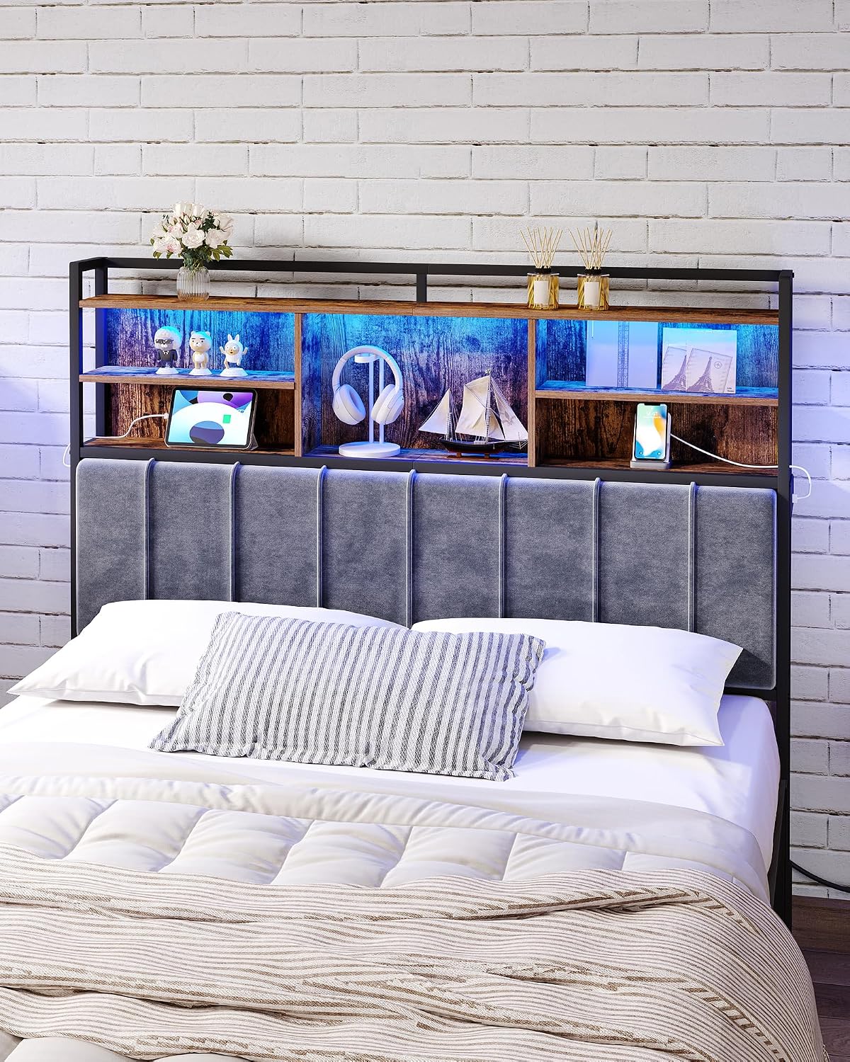 Hzuaneri Headboard with 3-Tier Storage Shelves, Velvet Upholstered Head Board with 2 Outlets, USB Ports & LED Light, Soft Backrest for Queen Size Bed, Rustic Brown and Black BH15201BV1