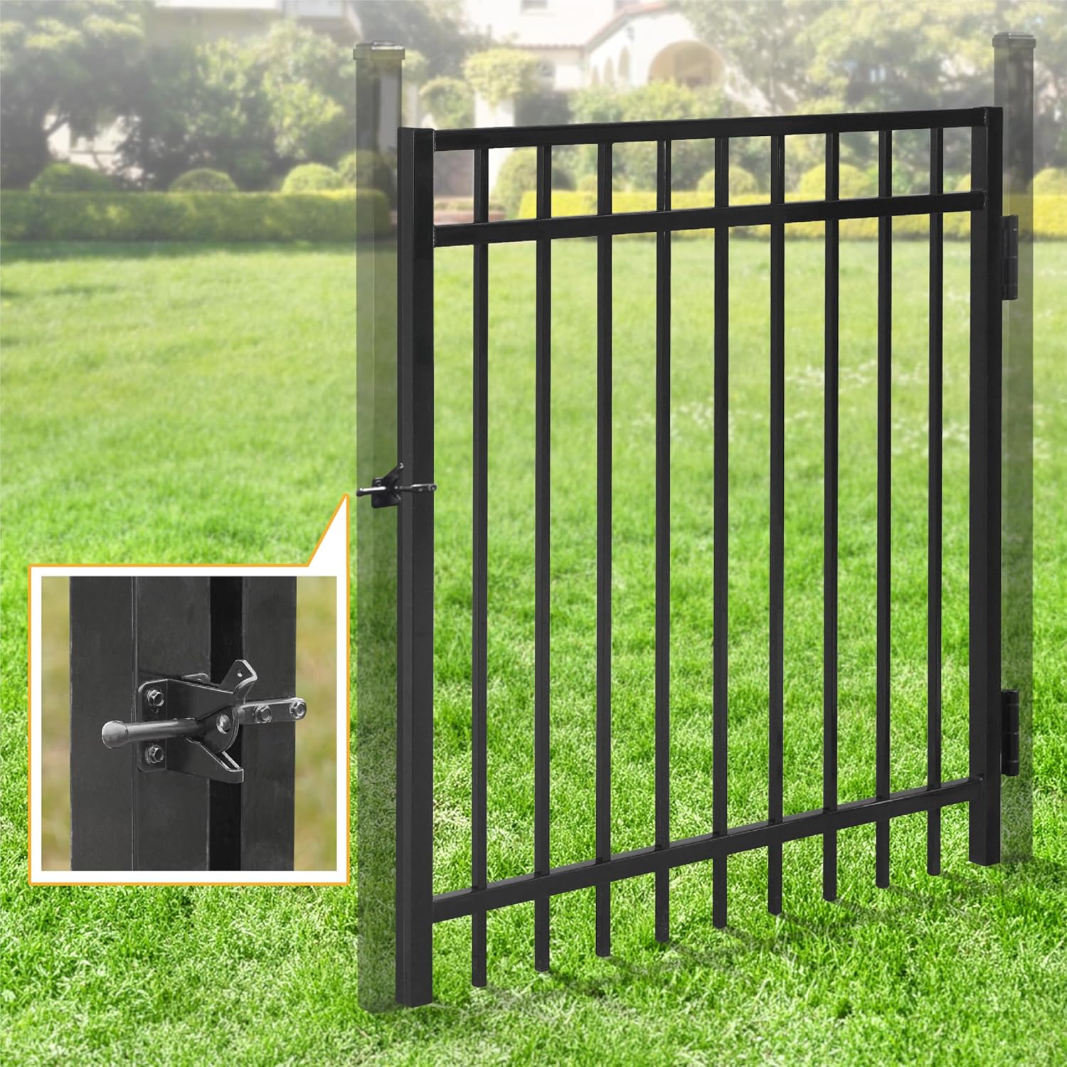 Fencer Wire Heavy Duty Flat Top Fence Gate, 4FT Height X 4FT Width With Lock Attachment, Outdoor Anti-Rust Metal Steel for Fencing Barrier, Decorative Garden for Yard, Pool, Patio
