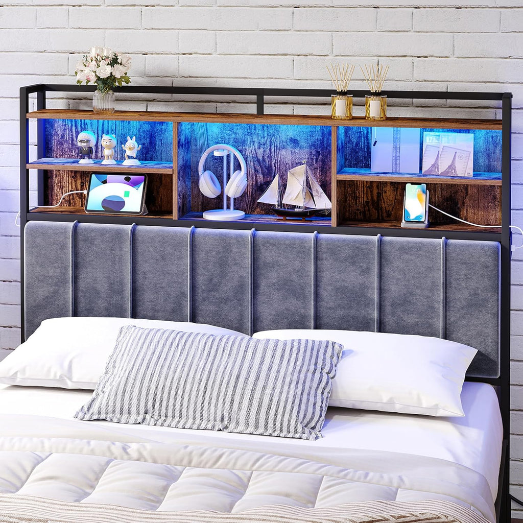 Hzuaneri Headboard with 3-Tier Storage Shelves, Velvet Upholstered Head Board with 2 Outlets, USB Ports & LED Light, Soft Backrest for Queen Size Bed, Rustic Brown and Black BH15201BV1