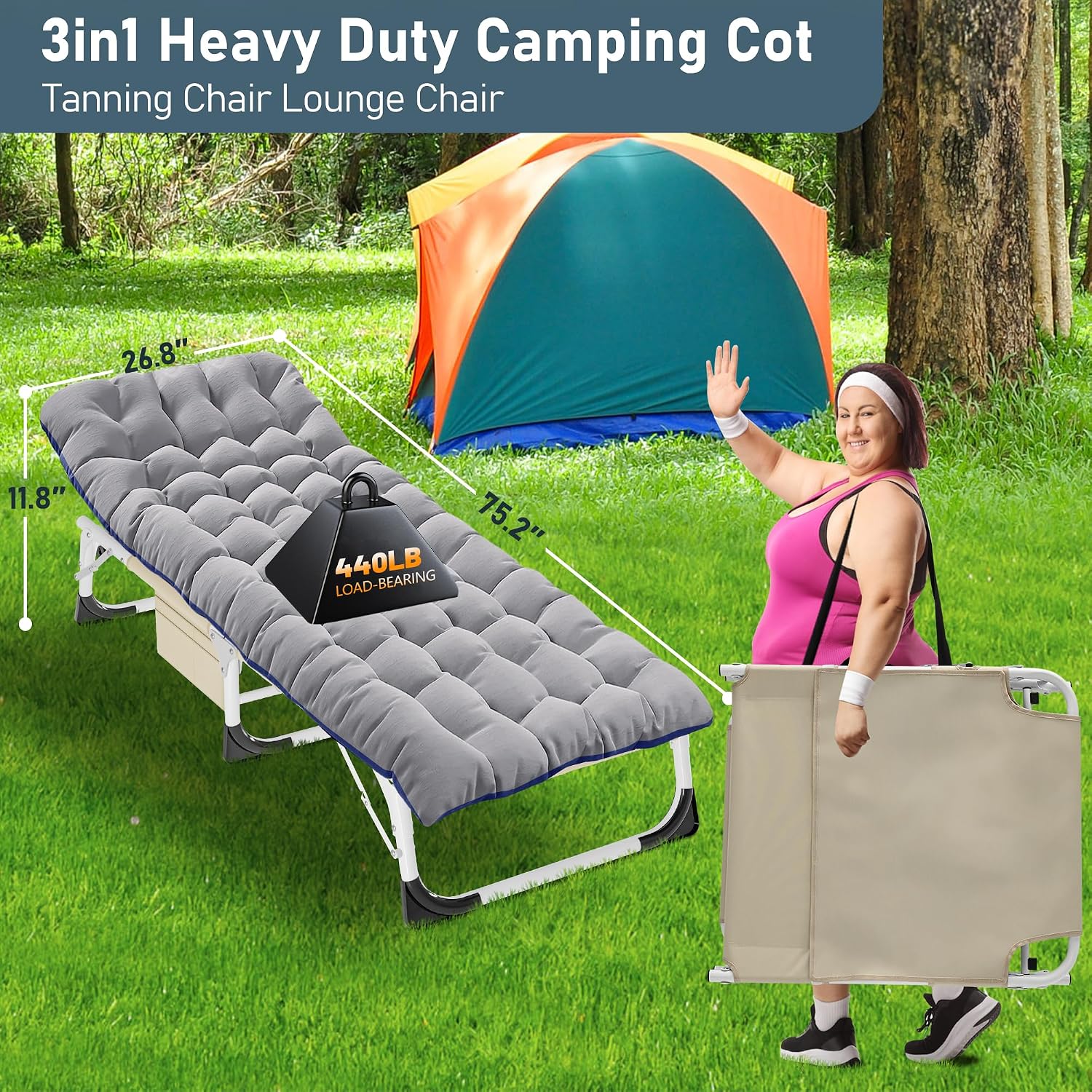 LILYPELLE 3in1 Sun Tanning Chair with Mattress, Heavy Duty Lounger Chairs with Face Arm Hole, Removable Pillow, Outside Chaise Lounge Chair for Sunbathing, Patio, Poolside, Lawn, Beach
