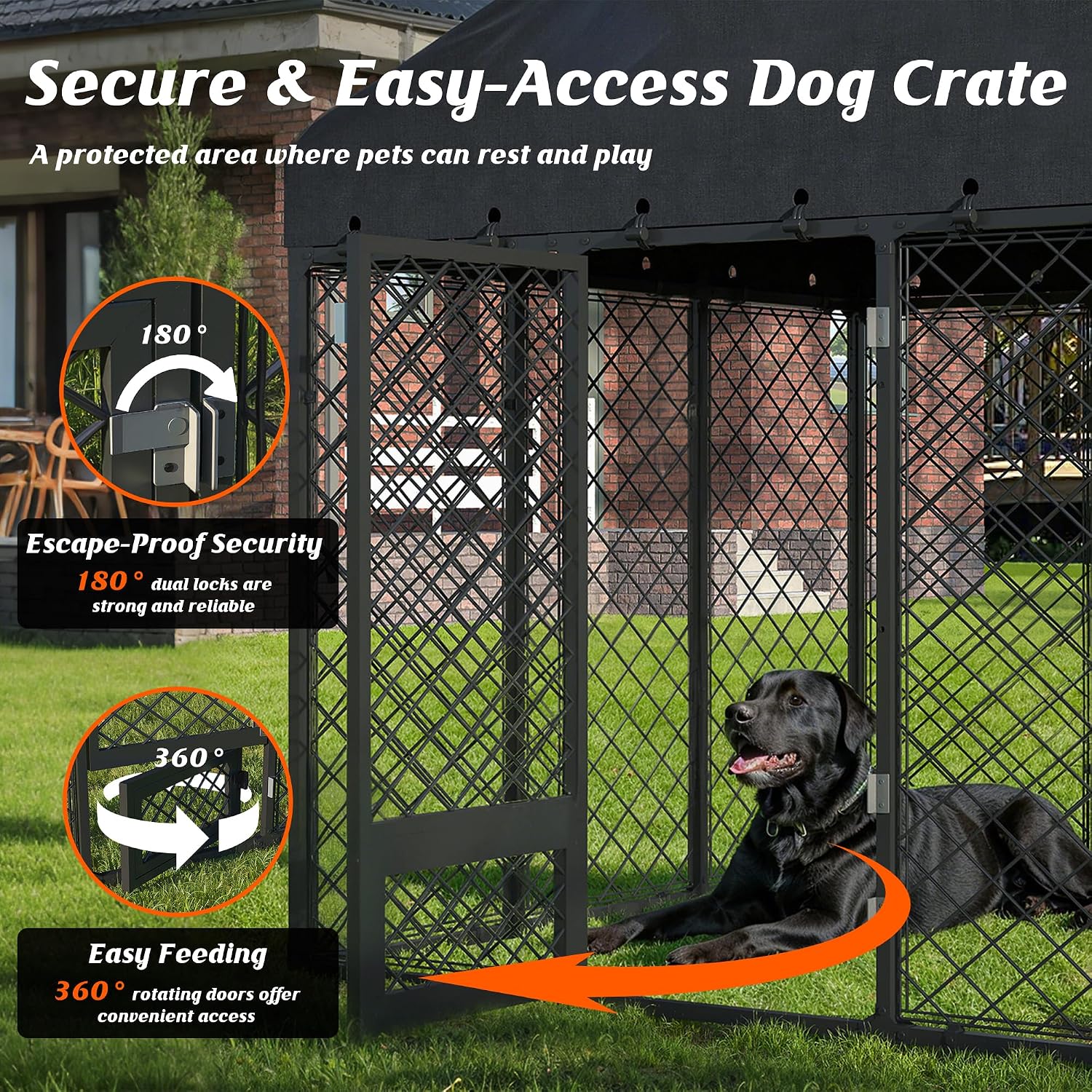 6x6FT Dog Kennel Outdoor with Roof - Heavy Duty Metal Fence Playpen for Large Dogs, Weatherproof Enclosure with Double Lock Gate & Feeding Swivel Door