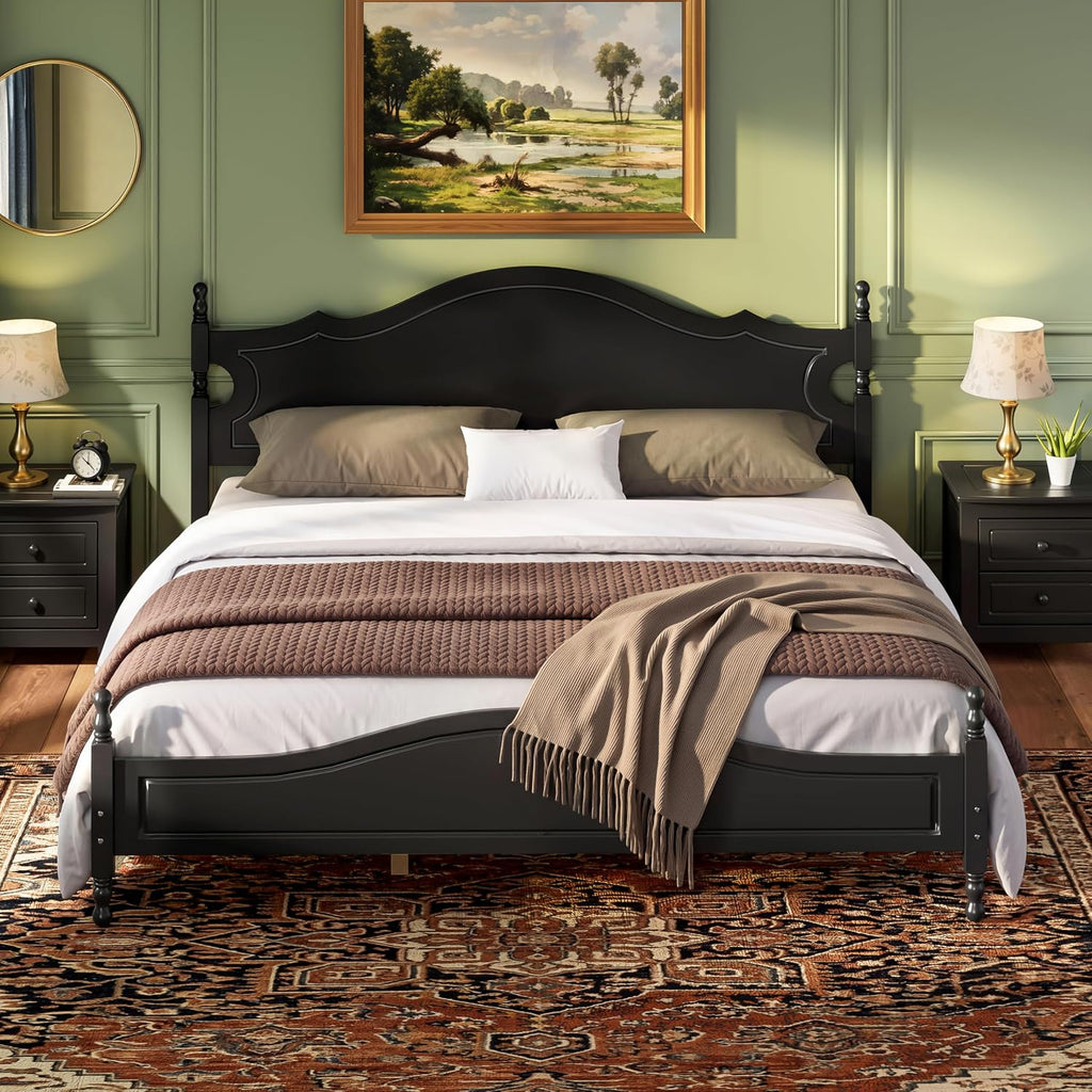 Merax Retro Wood Platform Bed with High Headboard, King Bed Frame with Sturdy Legs/No Box Spring Needed/Easy Assemble Black