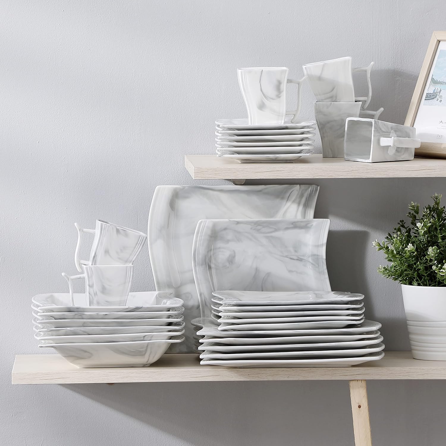 MALACASA Plates and Bowls Sets, 30 Piece Porcelain Dinnerware Sets for 6, Square Dinnerware Set with Dinner Plate, Dessert Plate, Soup Plate, Cup and Saucer, Modern Dish Set, Marble Grey, Series Flora