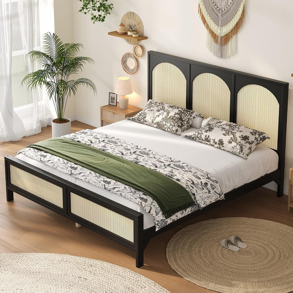 JIVOIT King Size Platform Bed with Rattan Headboard and Footboard, Wood Platform Bed Frame with Wood Slats Support, No Box Spring Needed, Easy Assembly (Black+Beige,King)