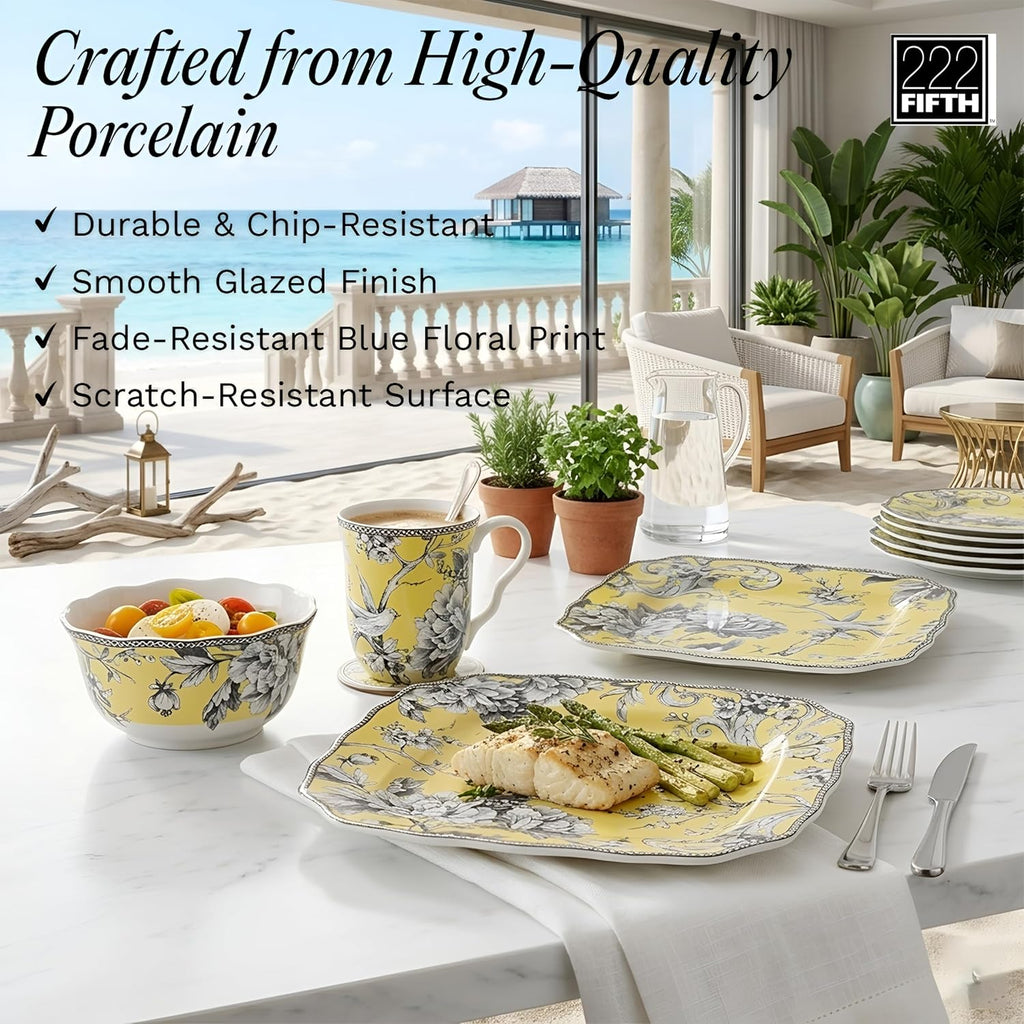 222 Fifth Adelaide Yellow 16-Piece Floral Porcelain Dinnerware Set | Microwave and Dishwasher Safe Dining Set for 4 | Stackable & Chip-Resistant Plates Bowls and Cups | Gift for Housewarming & Wedding