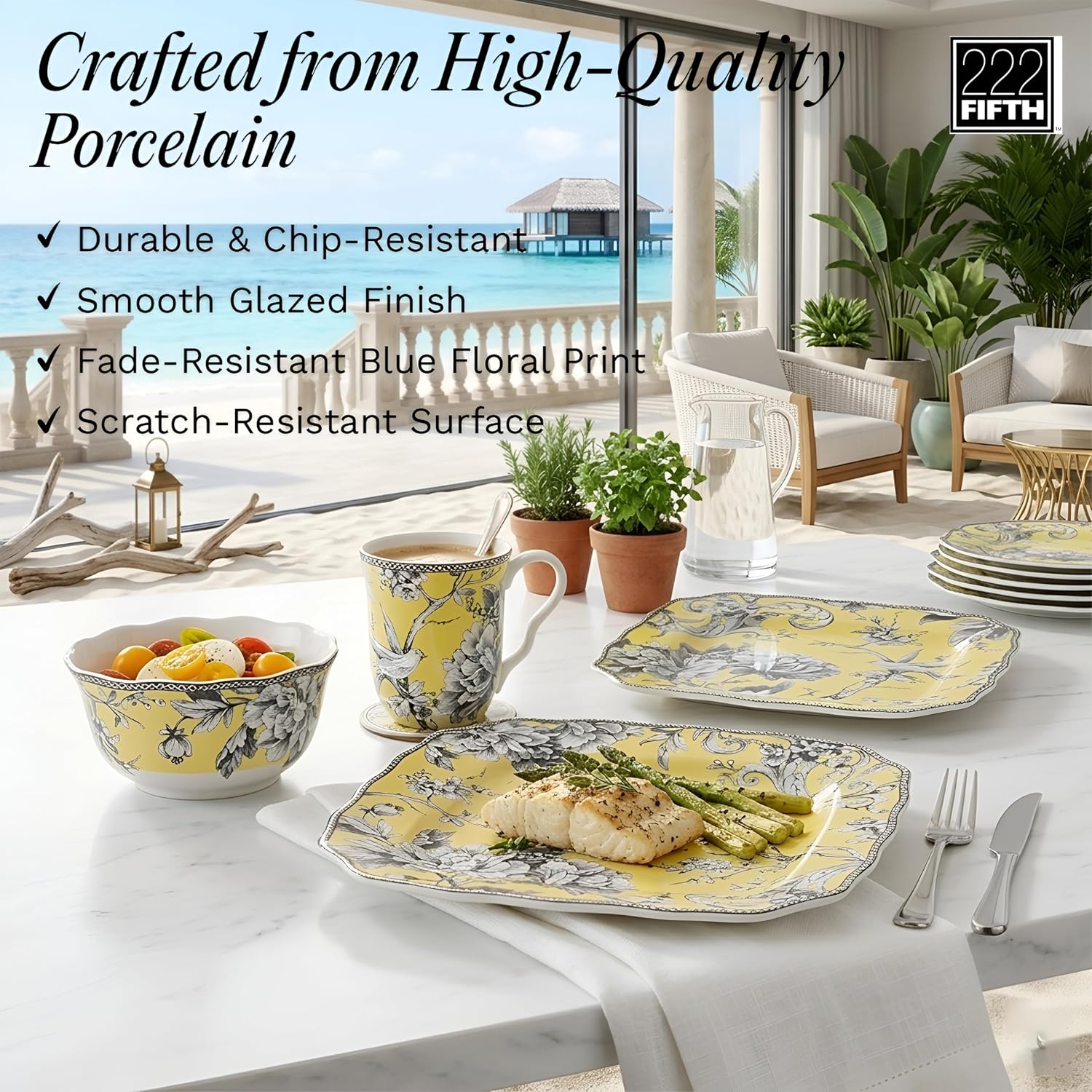 222 Fifth Adelaide Yellow 16-Piece Floral Porcelain Dinnerware Set | Microwave and Dishwasher Safe Dining Set for 4 | Stackable & Chip-Resistant Plates Bowls and Cups | Gift for Housewarming & Wedding