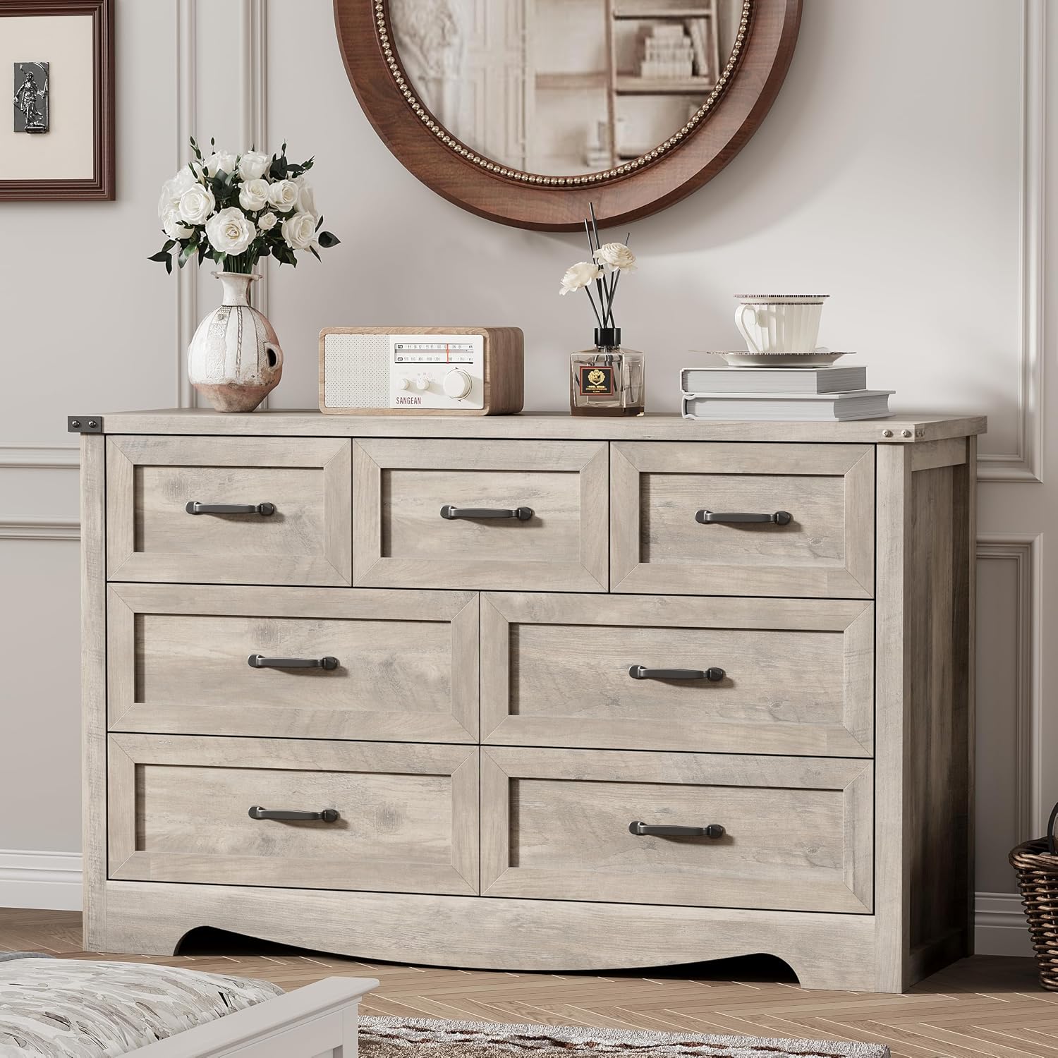 Dresser for Bedroom with 7 Drawers, 48' Wide Modern Chest of Drawers with Deep Drawers & Mental Handle, Wood Dresser TV Stand, Wooden Closet Storage Organizer for Living Room, Hallway, Entryway, Grey