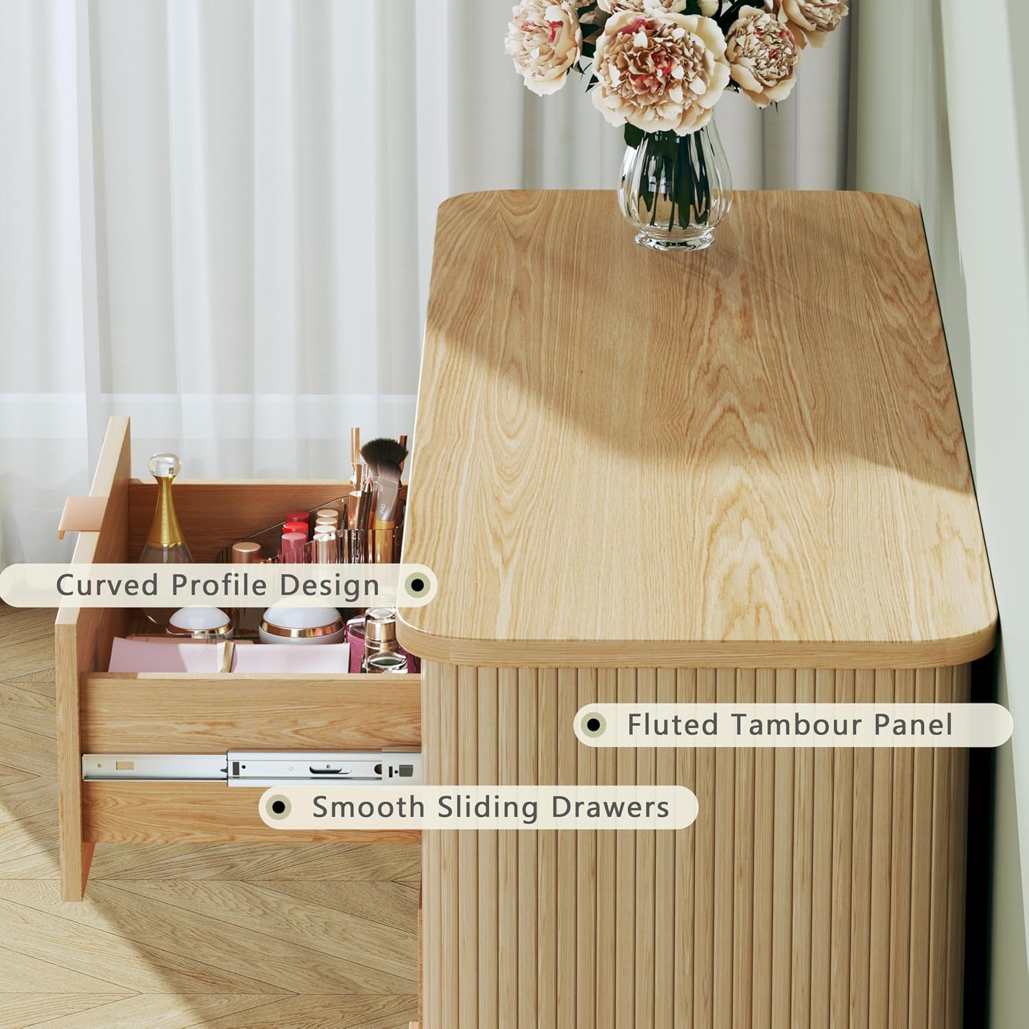 Fluted 6 Drawers Dresser for Bedroom, Mid Century Modern Chests of Drawers, Curved Profile Design, Wide Wood Storage Dresser for Entryway, Hallway, Oak