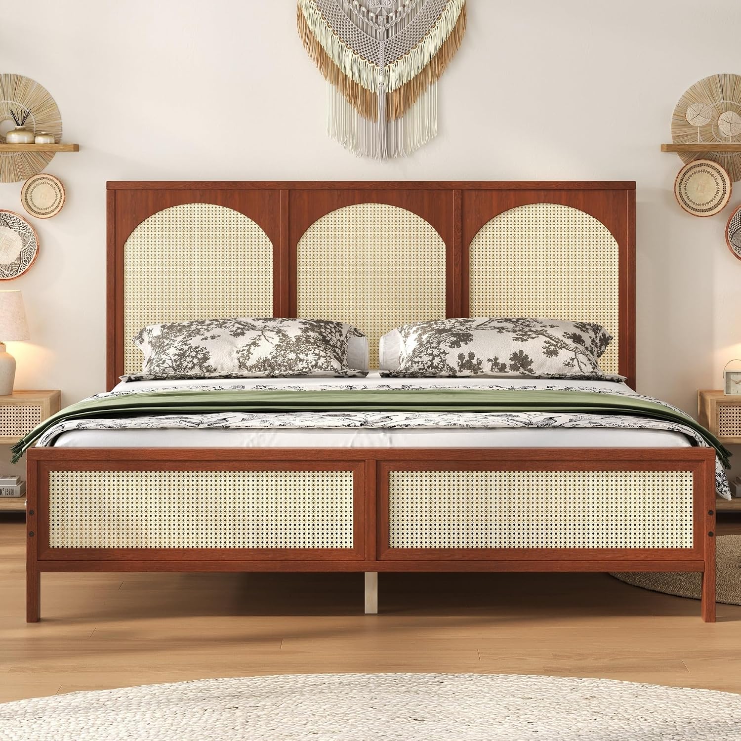 JIVOIT King Size Platform Bed with Rattan Headboard and Footboard, Wood Platform Bed Frame with Wood Slats Support, No Box Spring Needed, Easy Assembly (Walnut+Beige,King)