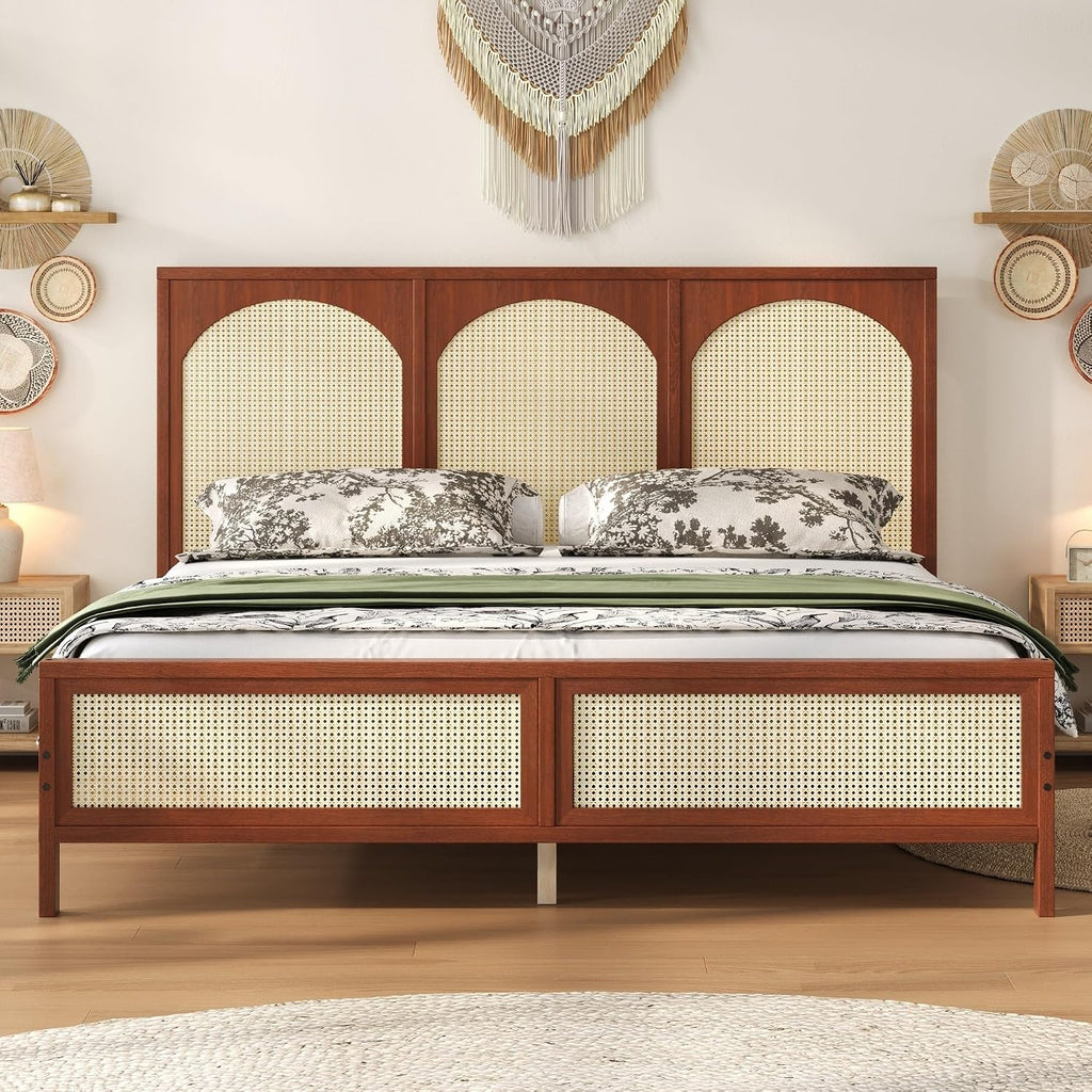 JIVOIT Queen Size Platform Bed with Rattan Headboard and Footboard, Wood Platform Bed Frame with Wood Slats Support, No Box Spring Needed, Easy Assembly (Walnut+Beige,Queen)