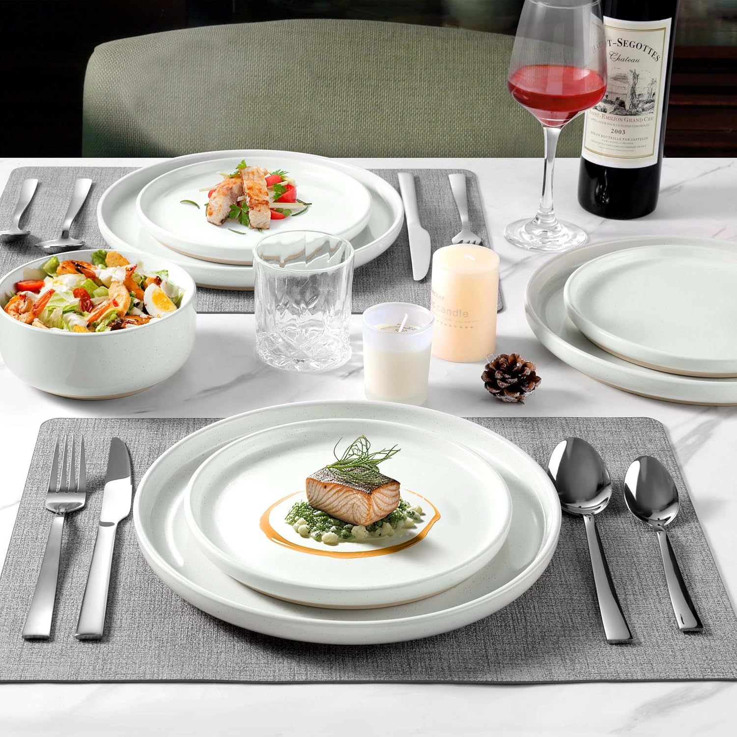 LIANYU 24 Piece Dinnerware Sets for 8, Stoneware Dinner Dishes for Kitchen Dining, Elegant Plates and Bowls Sets, Safe & Healthy Clay, Oven & Dishwasher Safe, Snowy White