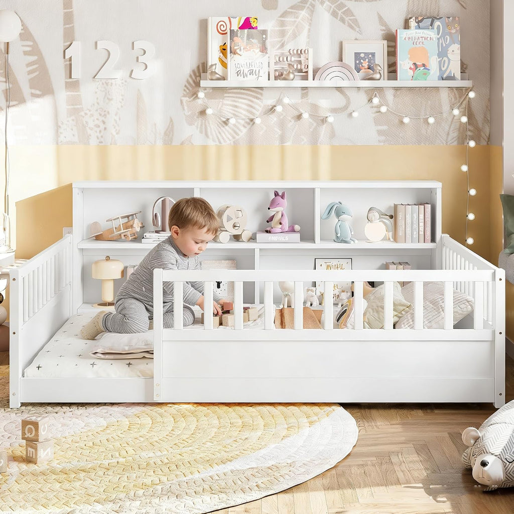 JIJIWANG Full Size Floor Bed for Kids, Wooden Montessori Bed Frame with Bookcase, Storage Shelves & Safety Fence Rails, Floor Beds Full for Girls, Boys, No Box Spring Needed, Without Slats, White