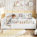JIJIWANG Full Size Floor Bed for Kids, Wooden Montessori Bed Frame with Bookcase, Storage Shelves & Safety Fence Rails, Floor Beds Full for Girls, Boys, No Box Spring Needed, Without Slats, White