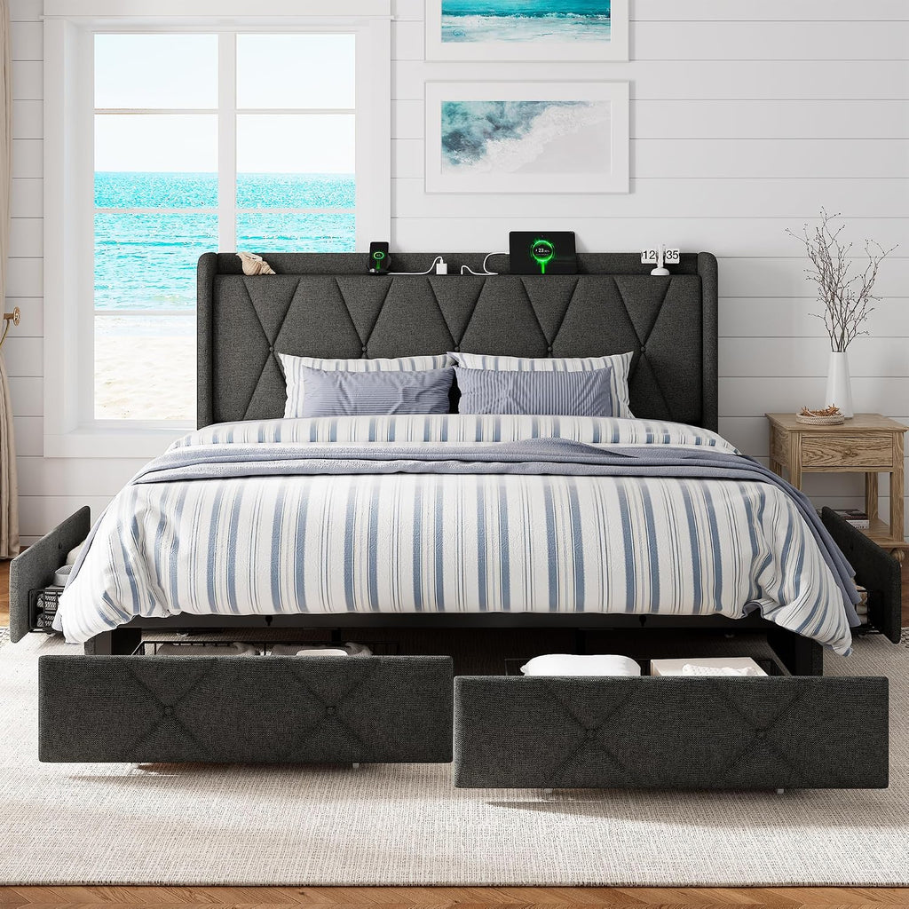GalnFu King Size Bed Frame with 4 Storage Drawers, Upholstered Platform Bed with Charging Station, Modern Wingback Storage Headboard, Easy Assembly,Noise-Free, Dark Gray