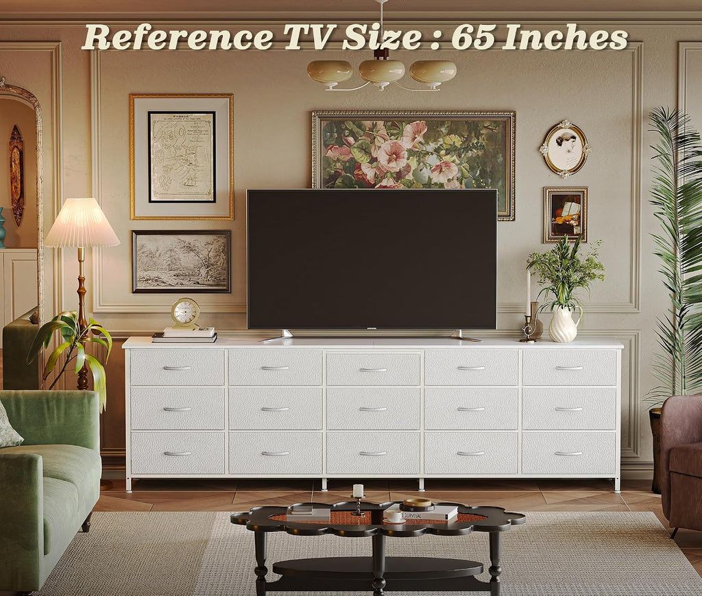 Huuger 78.7 inch Long Dresser for Bedroom, 15 Drawer Fabric Dresser for Closet, Large TV Stand for 65, 75, 85 inch TV, Wide Chest of Drawer with Storage, 78.7' W x 12.9' D x 26.7' H, White