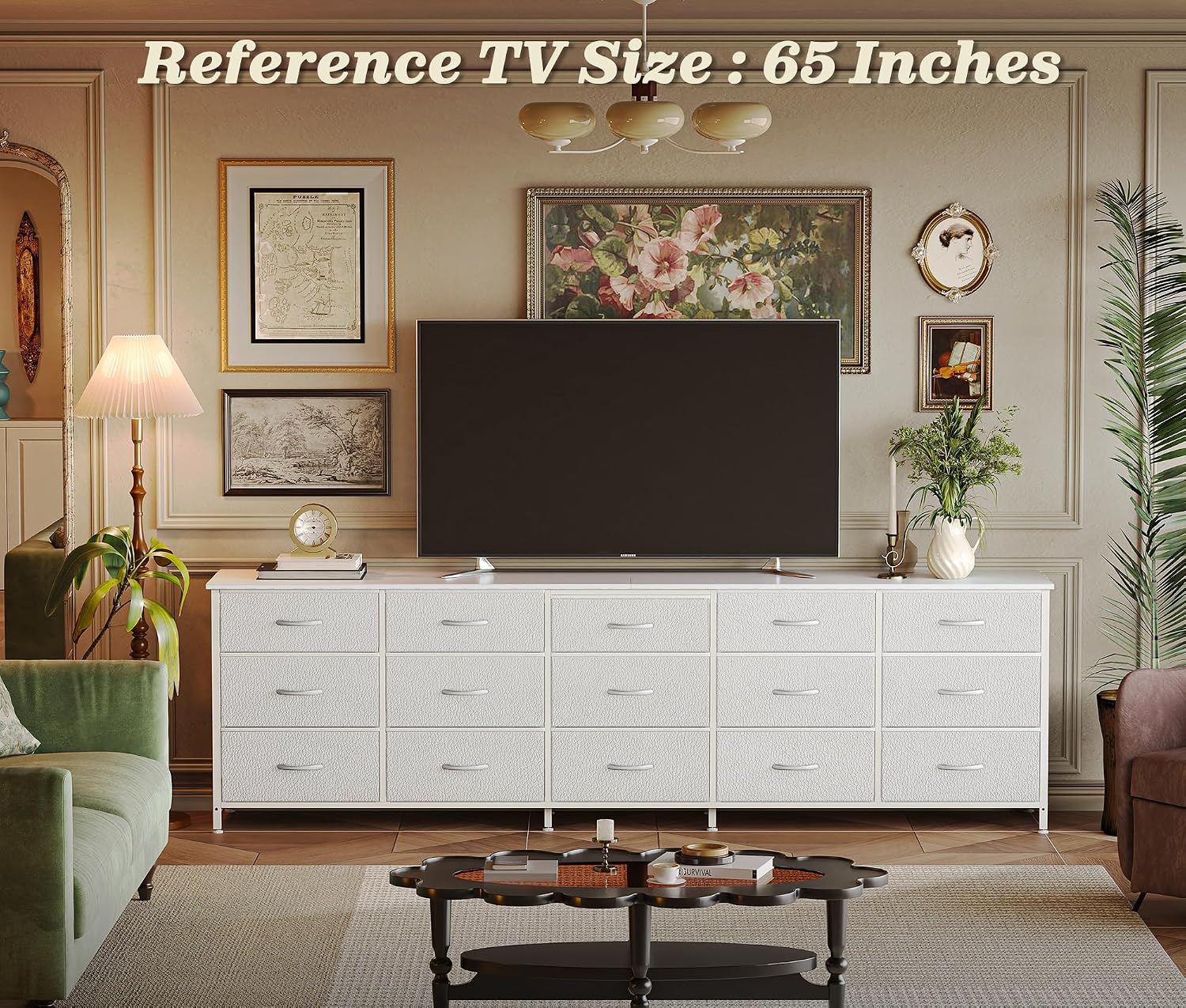 Huuger 78.7 inch Long Dresser for Bedroom, 15 Drawer Fabric Dresser for Closet, Large TV Stand for 65, 75, 85 inch TV, Wide Chest of Drawer with Storage, 78.7' W x 12.9' D x 26.7' H, White