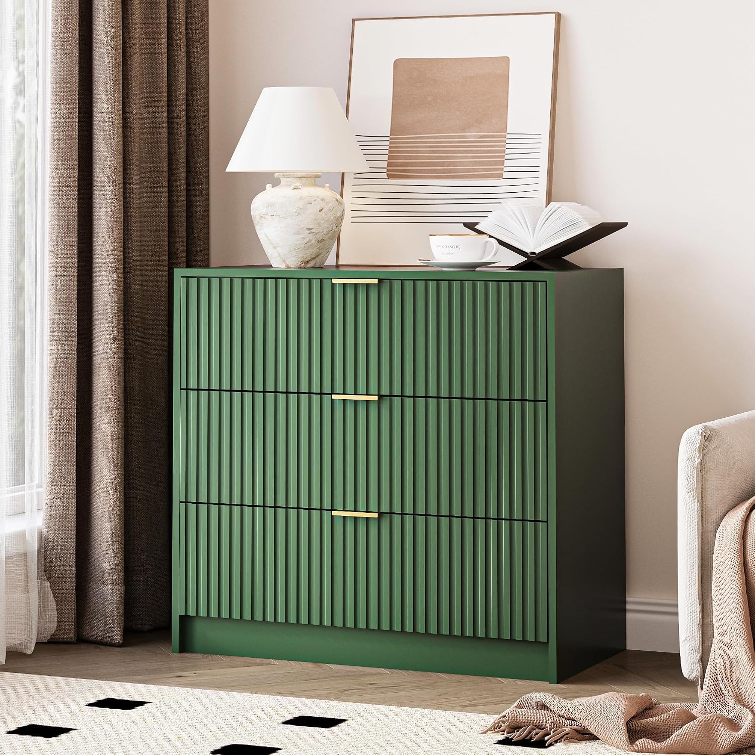 MAISONARIA Green Fluted Dresser for Bedroom, 32 Inch Wide Nightstand with Large Drawer, 3 Drawer End Table for Bedroom, Living Rooms, Offices, and Entryways
