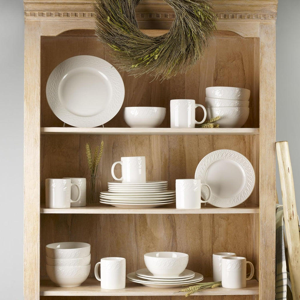 Pfaltzgraff Sylvia 32-Piece White Dinnerware Set, Service for 8, Durable Stoneware Plates, Bowls, and Mugs, Microwave and Dishwasher Safe
