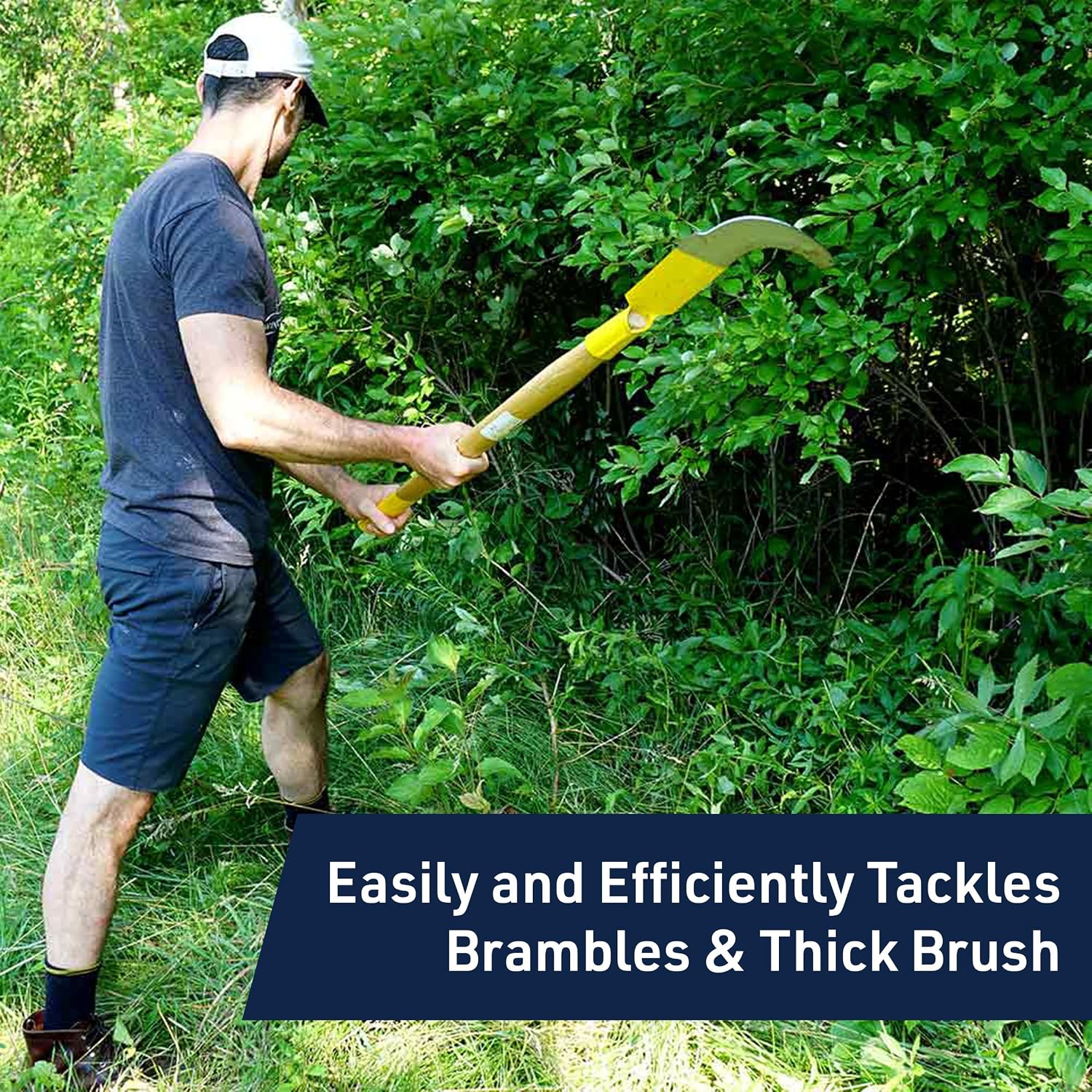 Kings County Tools Brush Cutter Weeding Sickle Garden Tool - 47' Weeder Tool for Yard Long Handle with 14.75' Steel Curved Bush Axe Blade Hook and Wood Handle - Billhook Hand Scythe