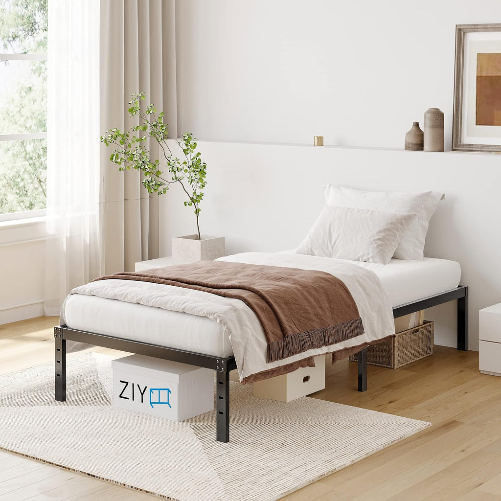 ZIYOO Twin Bed Frames, 3' Wide Wood Slats with 2500 lbs Support for Mattress, 16 Inch High, No Box Spring Needed, Noise Free, Non-Slip, Easy Assembly