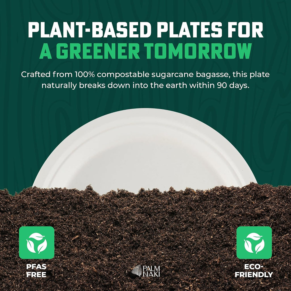 Bulk Case: 9' Heavy Duty Paper Plates | Compostable & Biodegradable | Made from Sugarcane Bagasse | Leak-Resistant & Sturdy | Microwave Safe | PFAS-Free | 9 Inch | 8 x 80-Pack (640 Pcs) | Palm Naki
