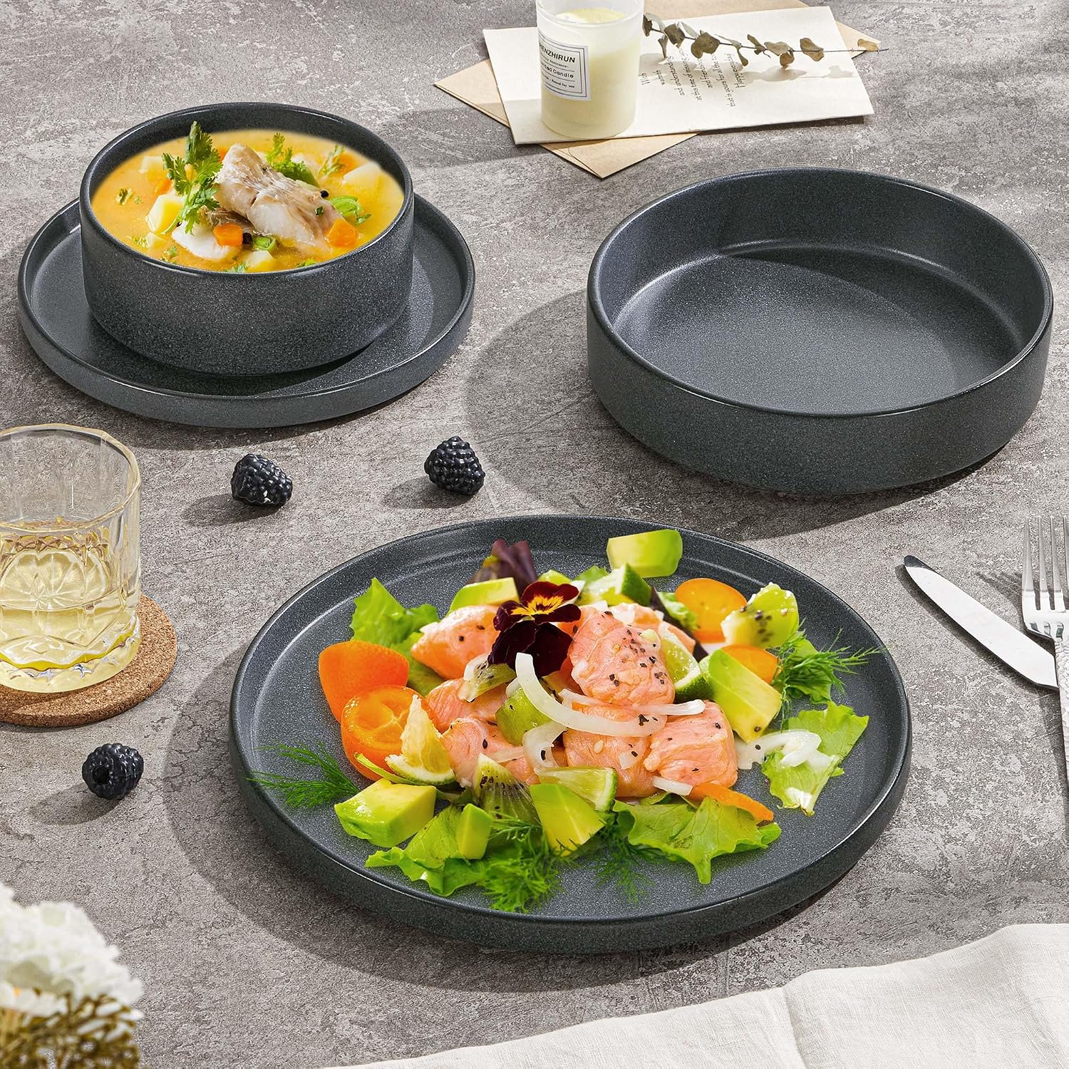 Herogo Dinnerware Dishes Sets with Salad Bowls, 24 Piece Plates and Bowls for 6, Dishwasher & Microwave Safe Ceramic Stoneware for Kitchen, Dark Gray