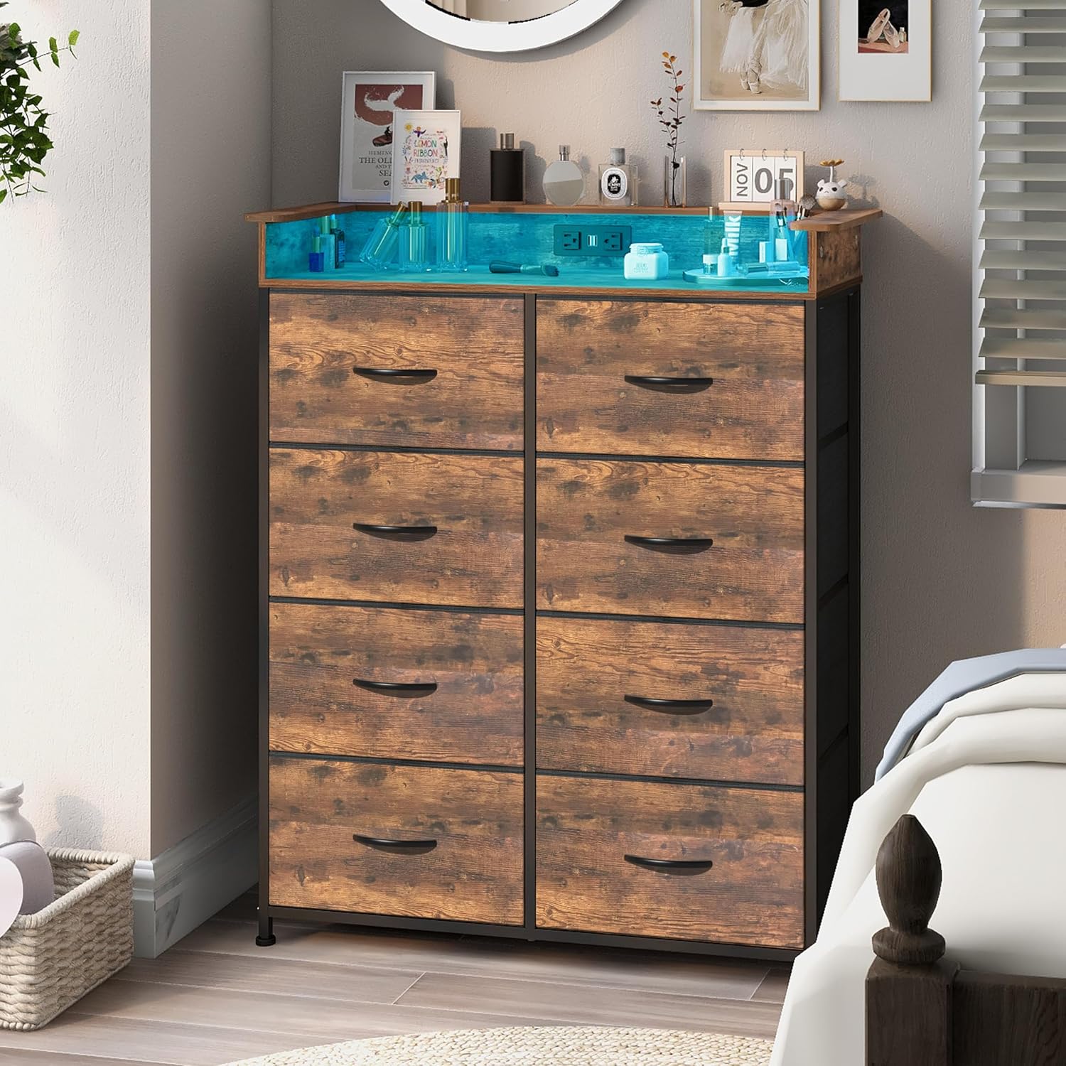 Tall Dresser for Bedroom with Charge Station 8 Drawers Dresser with LED Lights Chest Organizer Units for Hallway Entryway Closets Sturdy Steel Frame Wood Top Easy Pull Handle Rustic Brown