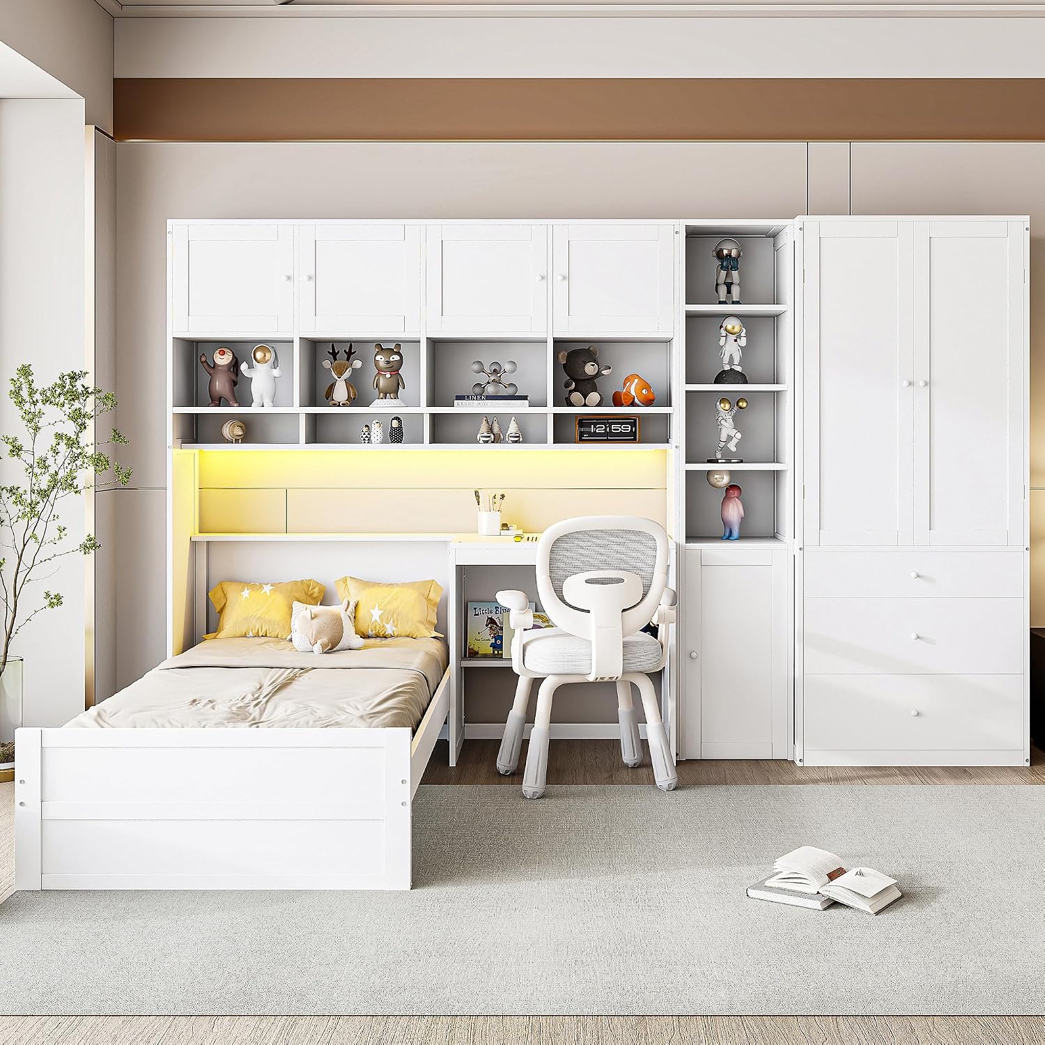 Multifunctional Design Twin Size Platform Bed with All-in-One Vertical Cabinet Bookcase and Desk, Solid Wood Platform Bed Frame with Storage Headboard, Drawers and Shelves (White-1.2)