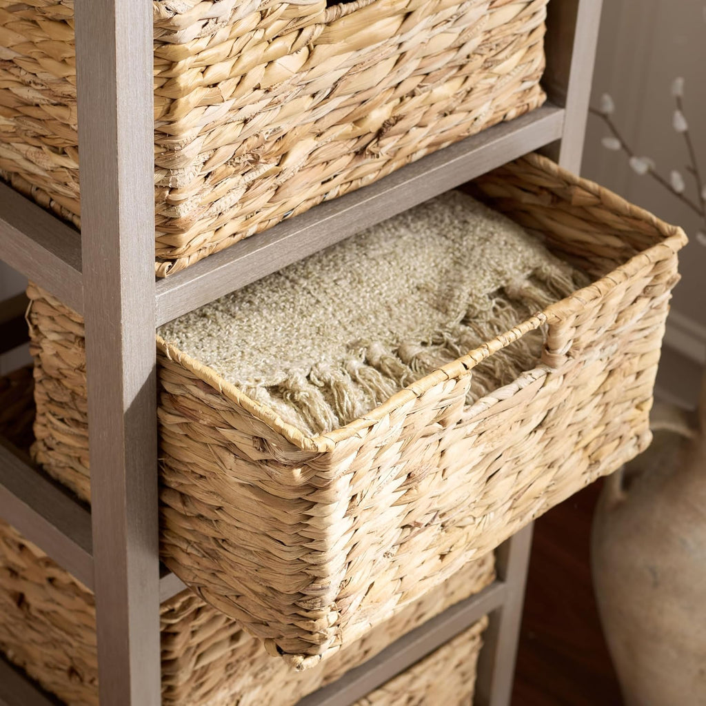 SAFAVIEH Furniture - Vedette 5-Basket Storage Tower - White Washed - Solid Wood - Coastal Basket Tower Design - Ideal for Entryway, Living Room, 17.5'W x 13.5'D x 46'H - Fully Assembled (AMH5739E)