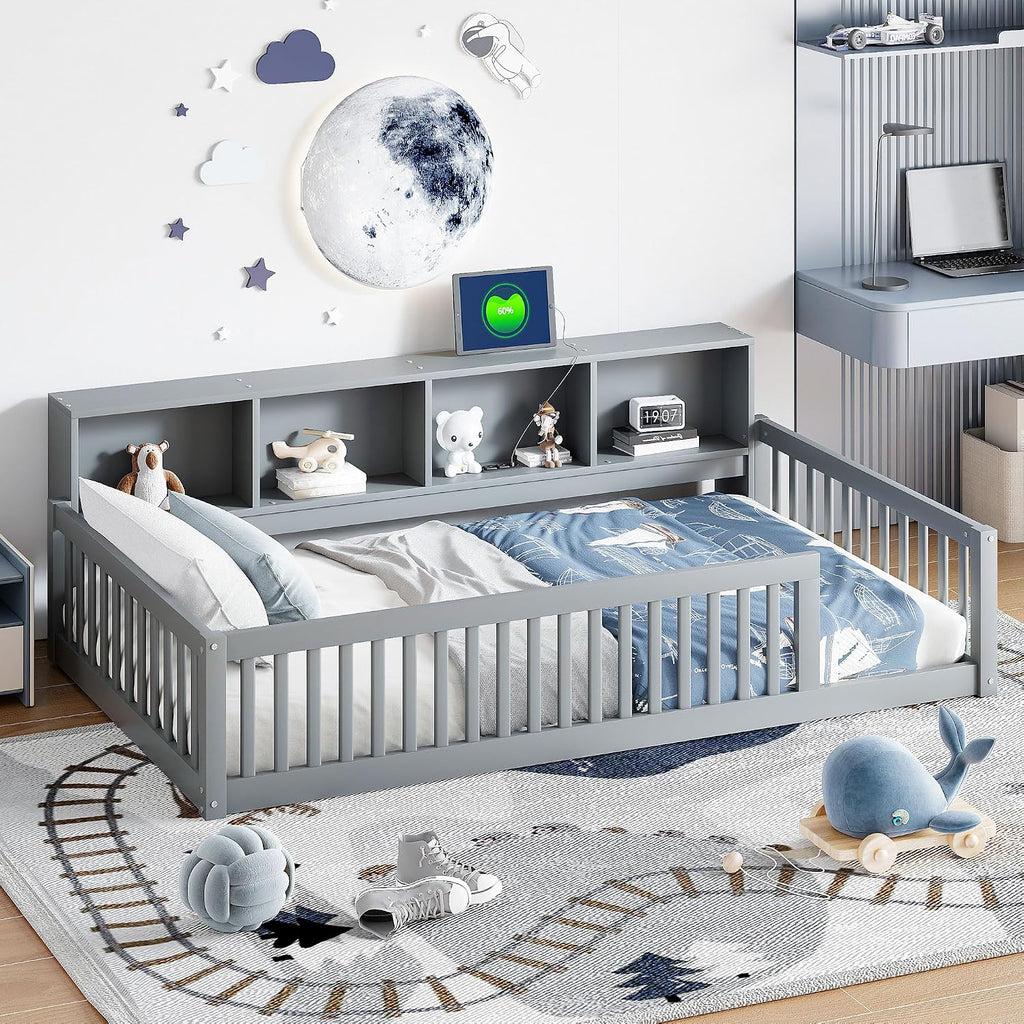 Bellemave Kids Montessori Floor Bed Twin XL Size,Floor Bed Frame with Bookcase and Charging Station for Kids Boys Girls,Gray