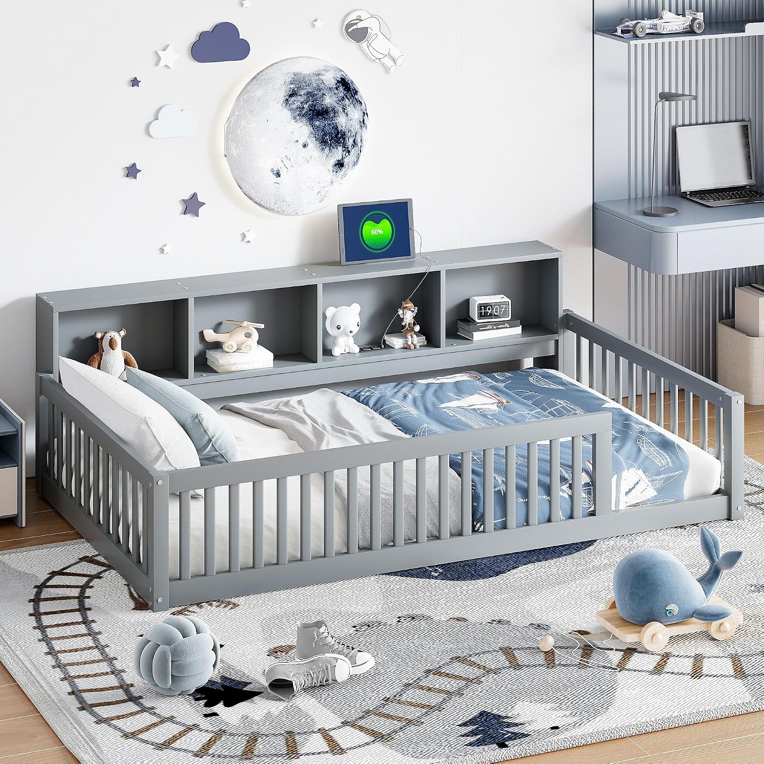 Bellemave Kids Montessori Floor Bed Twin XL Size,Floor Bed Frame with Bookcase and Charging Station for Kids Boys Girls,Gray