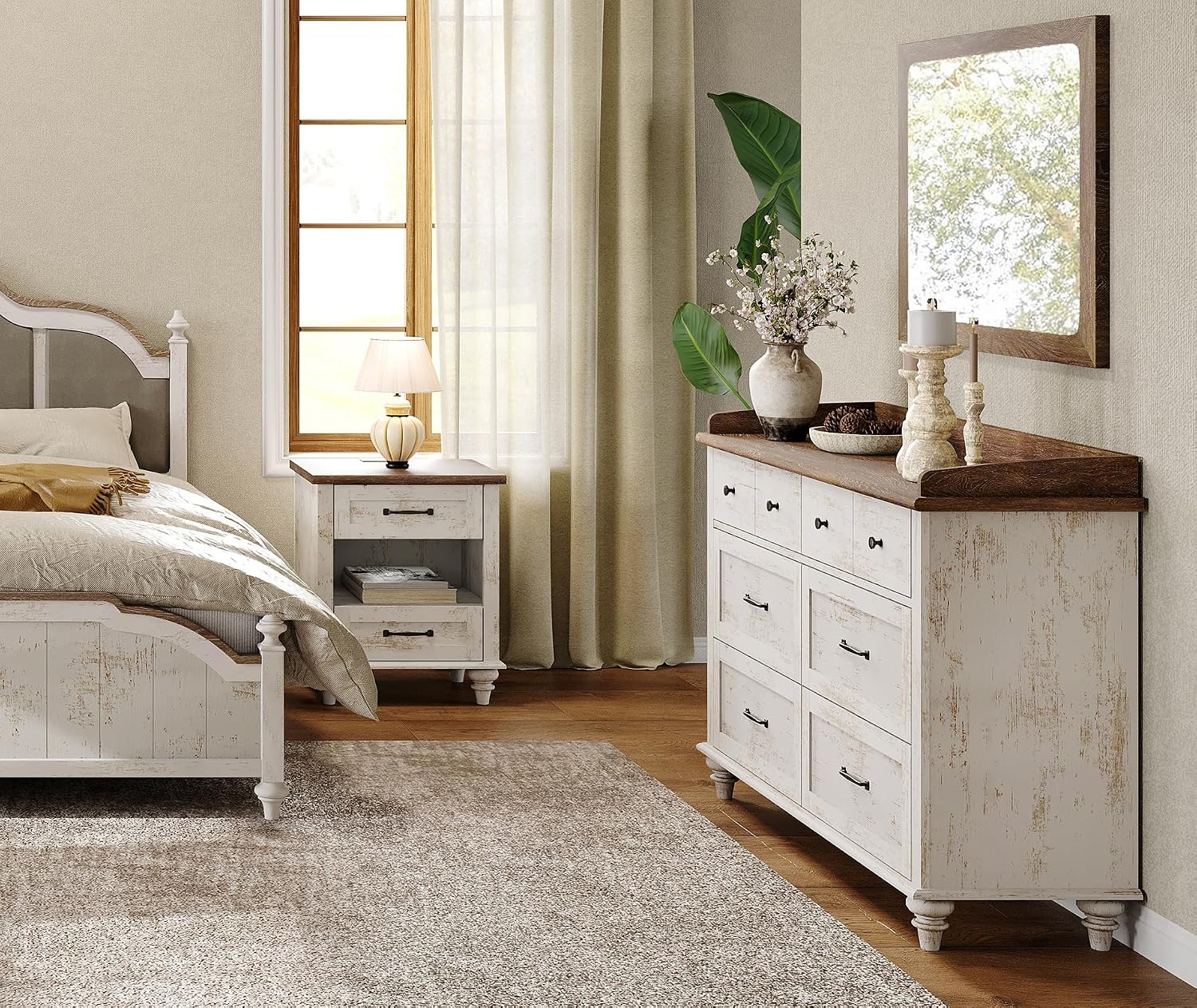 WAMPAT 2 Piece Bedroom Set - Includes 6 Drawer Dresser for Bedroom, Farmhouse Nightstand with Charging Station & Drawers & Cubby, 2 Piece Dresser and Nightstand Sets, Antique White