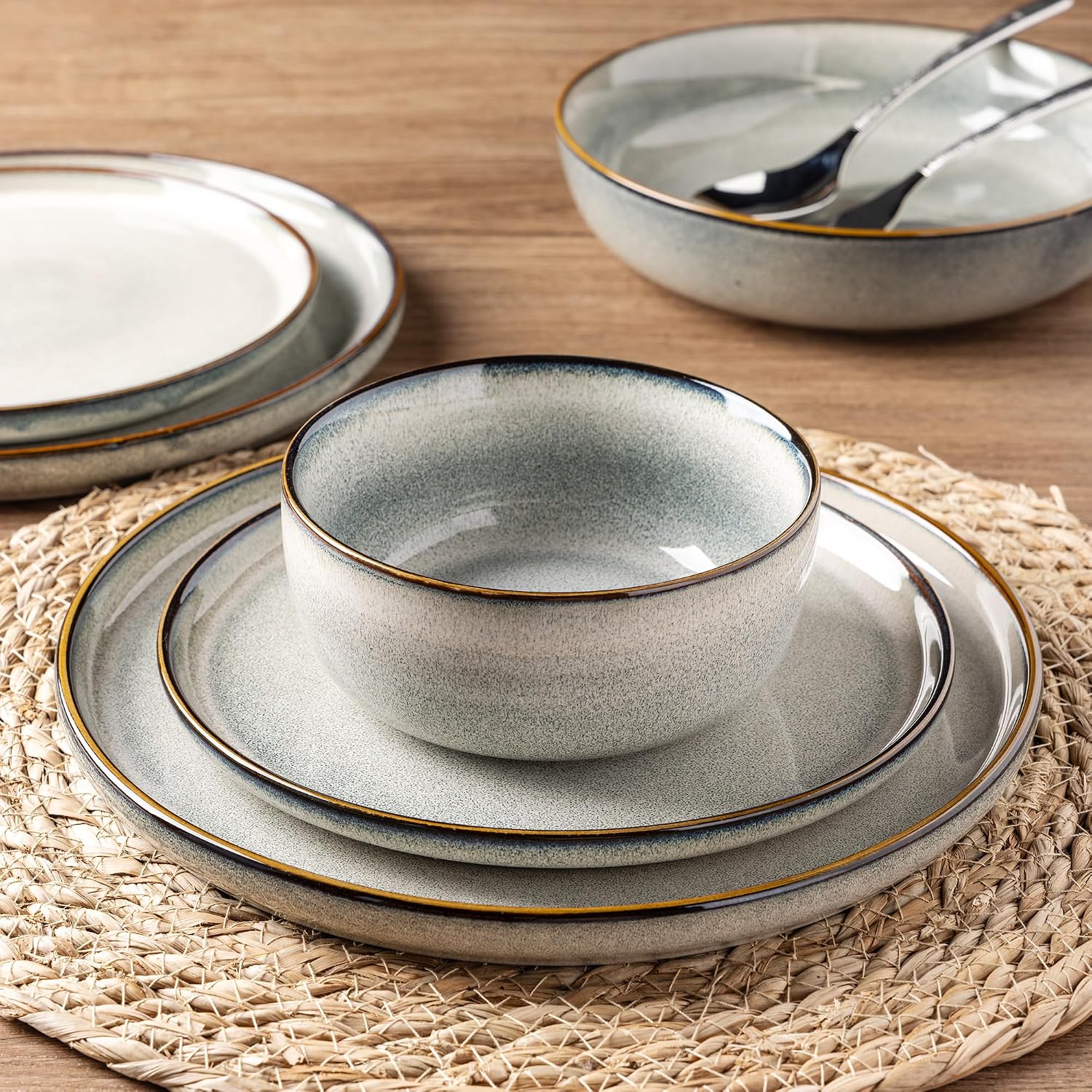GBHOME 32 Pieces Double Bowls Ceramic Dinnerware Sets for 8, Stoneware Plates and Bowls Set with Reactive Glaze, Scratch Resistant Stoneware Dishes Set, Dishwasher & Microwave Safe