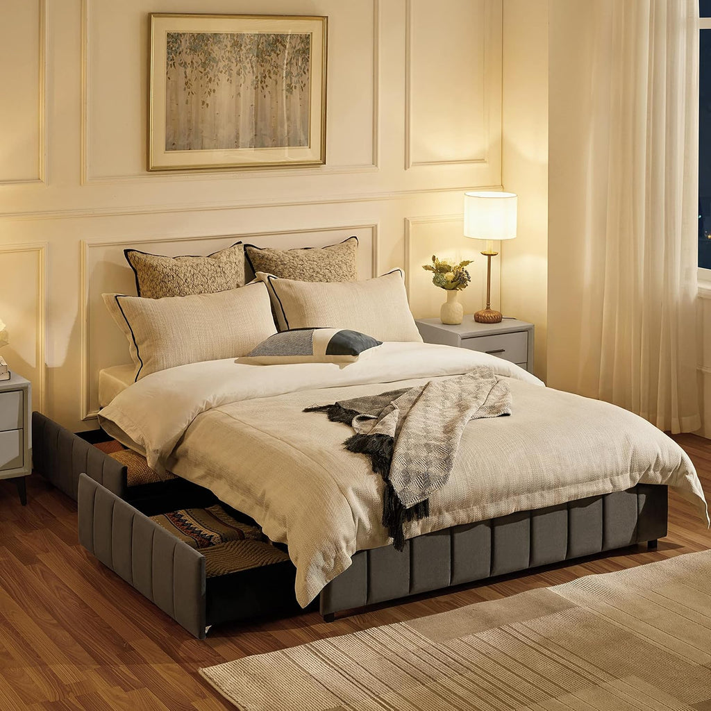 Yaheetech Full Upholstered Platform Bed with Underbed 4 Storage Drawers, No Fixed Headboard, Mattress Foundation with Wood Slat Support, Large Storage Space, No Box Spring Needed, Dark Grey Full