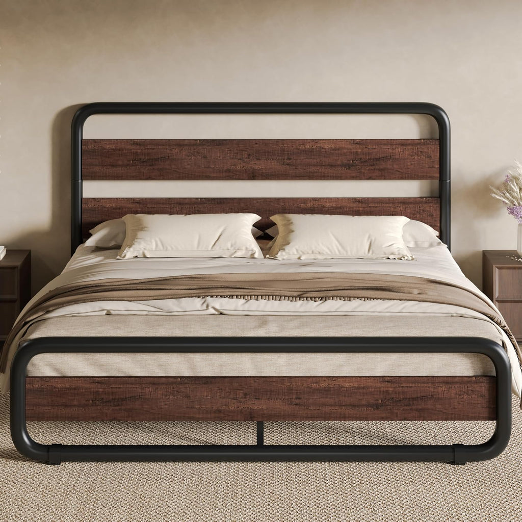 SHA CERLIN Full Size Metal Bed Frame with Wooden Headboard and Footboard, Heavy Duty Oval-Shaped Platform Bed Frame with 10' Under-Bed Storage, Noise Free, No Box Spring Needed, Mahogany