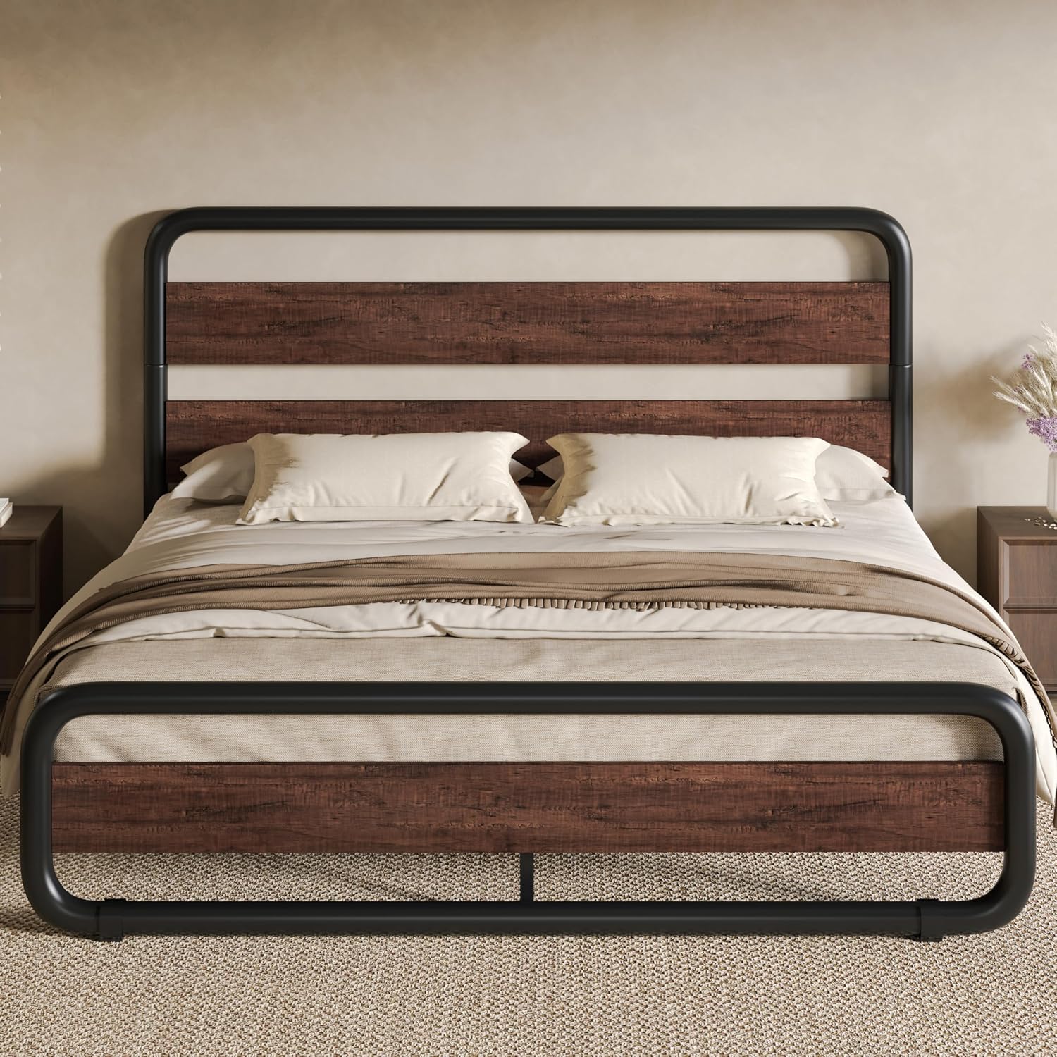 SHA CERLIN Full Size Metal Bed Frame with Wooden Headboard and Footboard, Heavy Duty Oval-Shaped Platform Bed Frame with 10' Under-Bed Storage, Noise Free, No Box Spring Needed, Mahogany
