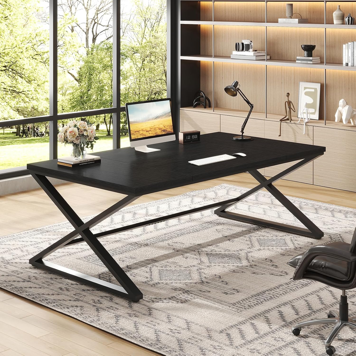 IBF Large Black Computer Desk, 70.8' Long Writing Desk for Home Office, Modern Simple Executive Work Study Desk for Two Person, Wood Double PC Gaming Workstation Computer Table for Bedroom, Black Oak