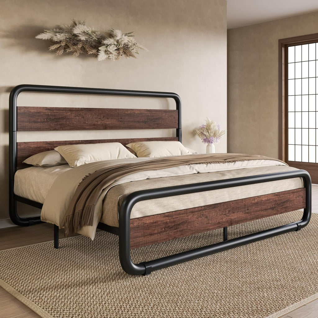SHA CERLIN Queen Size Metal Bed Frame with Wooden Headboard and Footboard, Heavy Duty Oval-Shaped Platform Bed with Under-Bed Storage, Noise Free, No Box Spring Needed, Mahogany