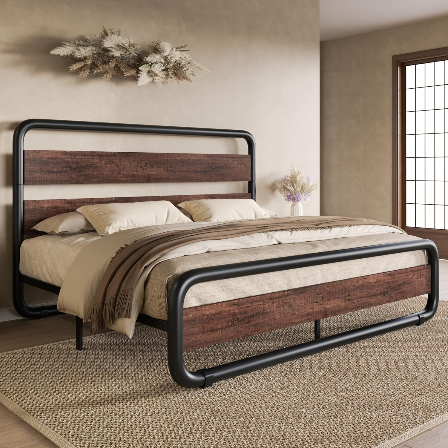 SHA CERLIN Queen Size Metal Bed Frame with Wooden Headboard and Footboard, Heavy Duty Oval-Shaped Platform Bed with Under-Bed Storage, Noise Free, No Box Spring Needed, Mahogany