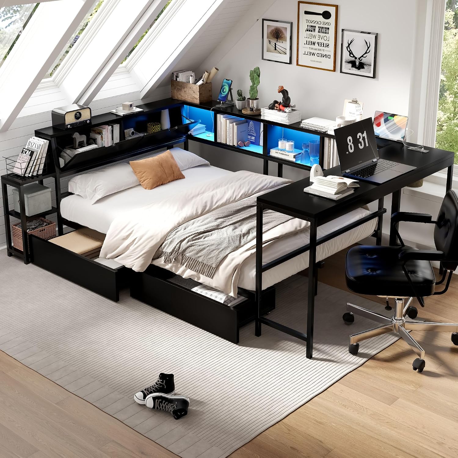Full Corner Bed Frame with Storage Drawers, Modern Metal Day Bed Frame & L Shaped Bedframe with Led Lights/Charging Station/Bookcase/Desk (Black, Queen)