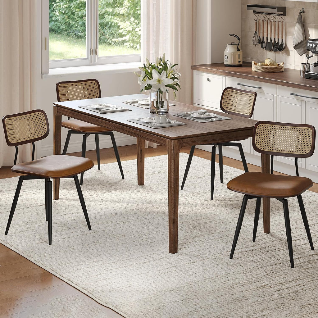 Dining Chairs, Swivel Dining Chairs Set of 4, Faux Leather & Rattan Walnut Dining Room Chairs, Bentwood & Metal Frame Upholstered Chairs with 360°Rotation, Modern Kitchen/Living Room Chair (Brown)